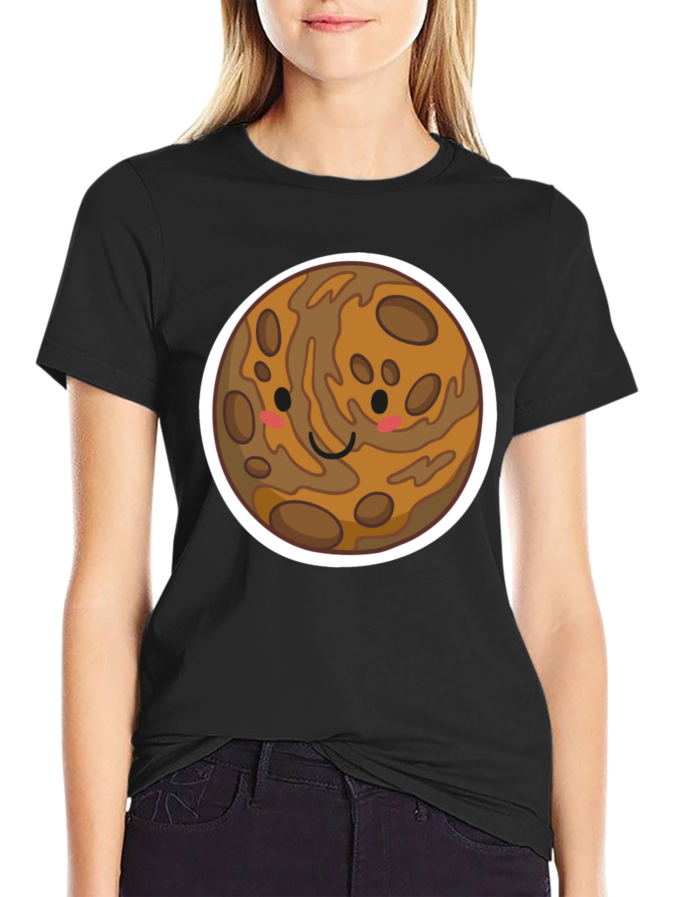 Cute Planet Cartoon Graphic Tee - Black