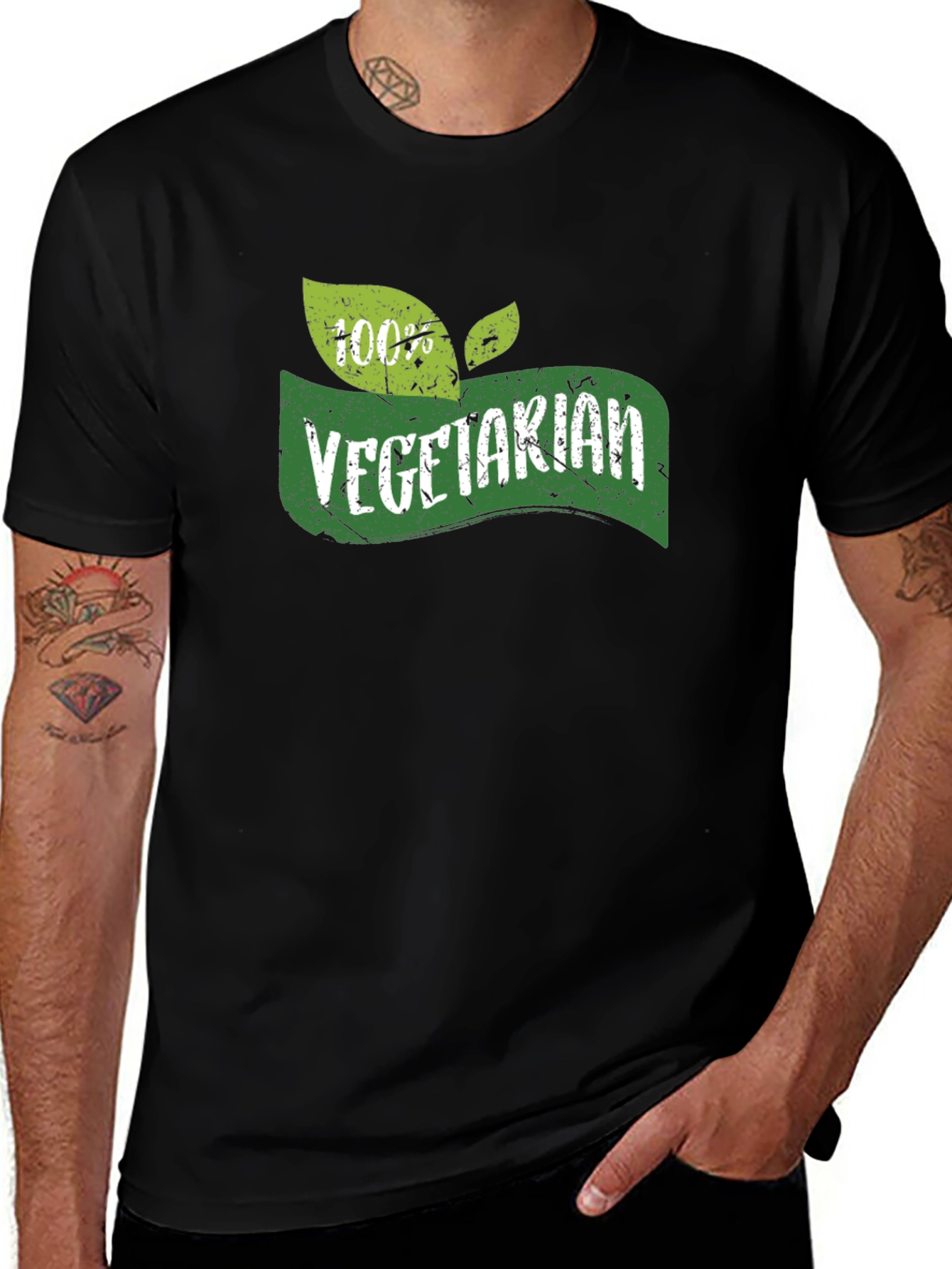 Vegetarian 100% Green Leaf Graphic Black T-Shirt