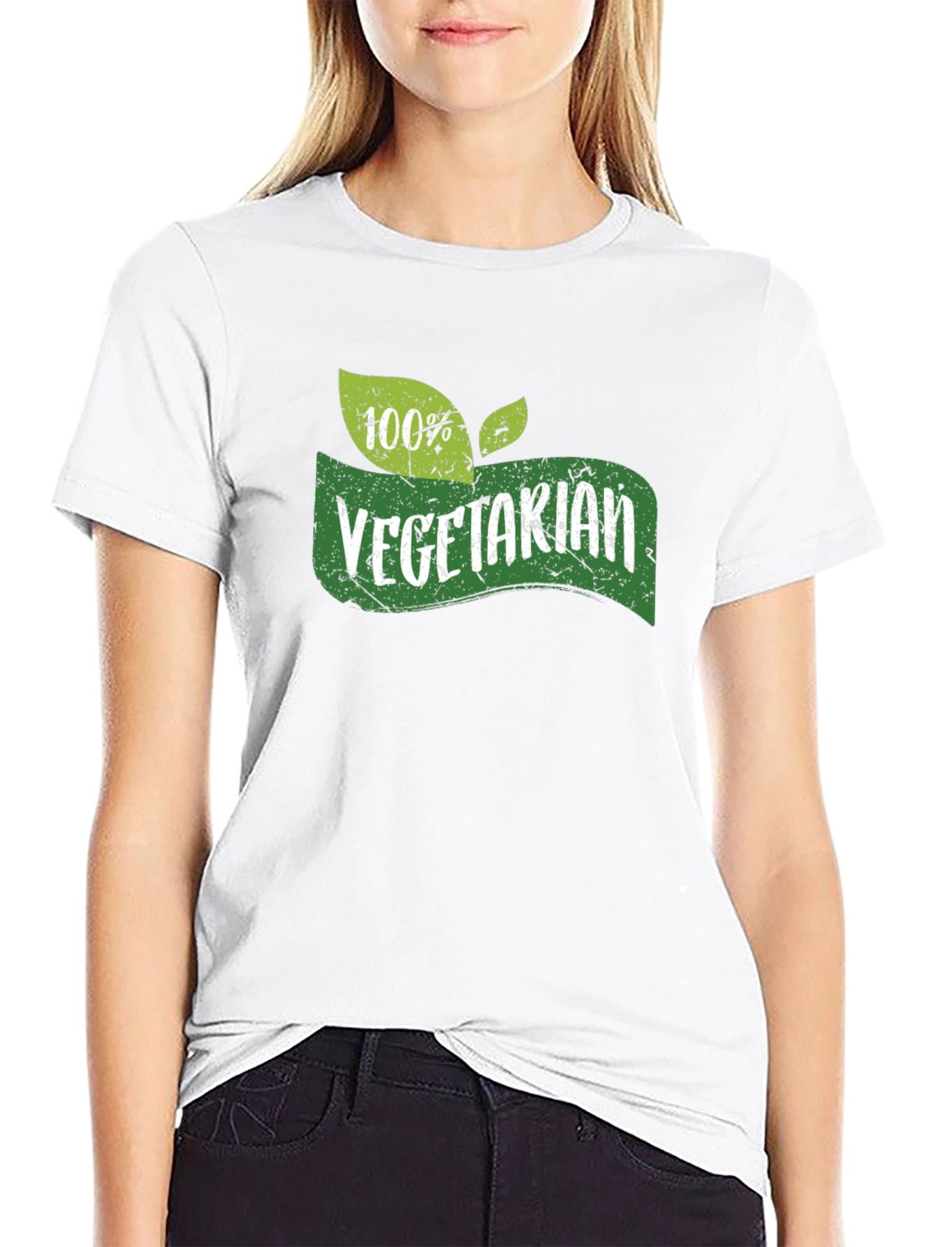 Vegetarian 100% Green Leaf Graphic Black T-Shirt