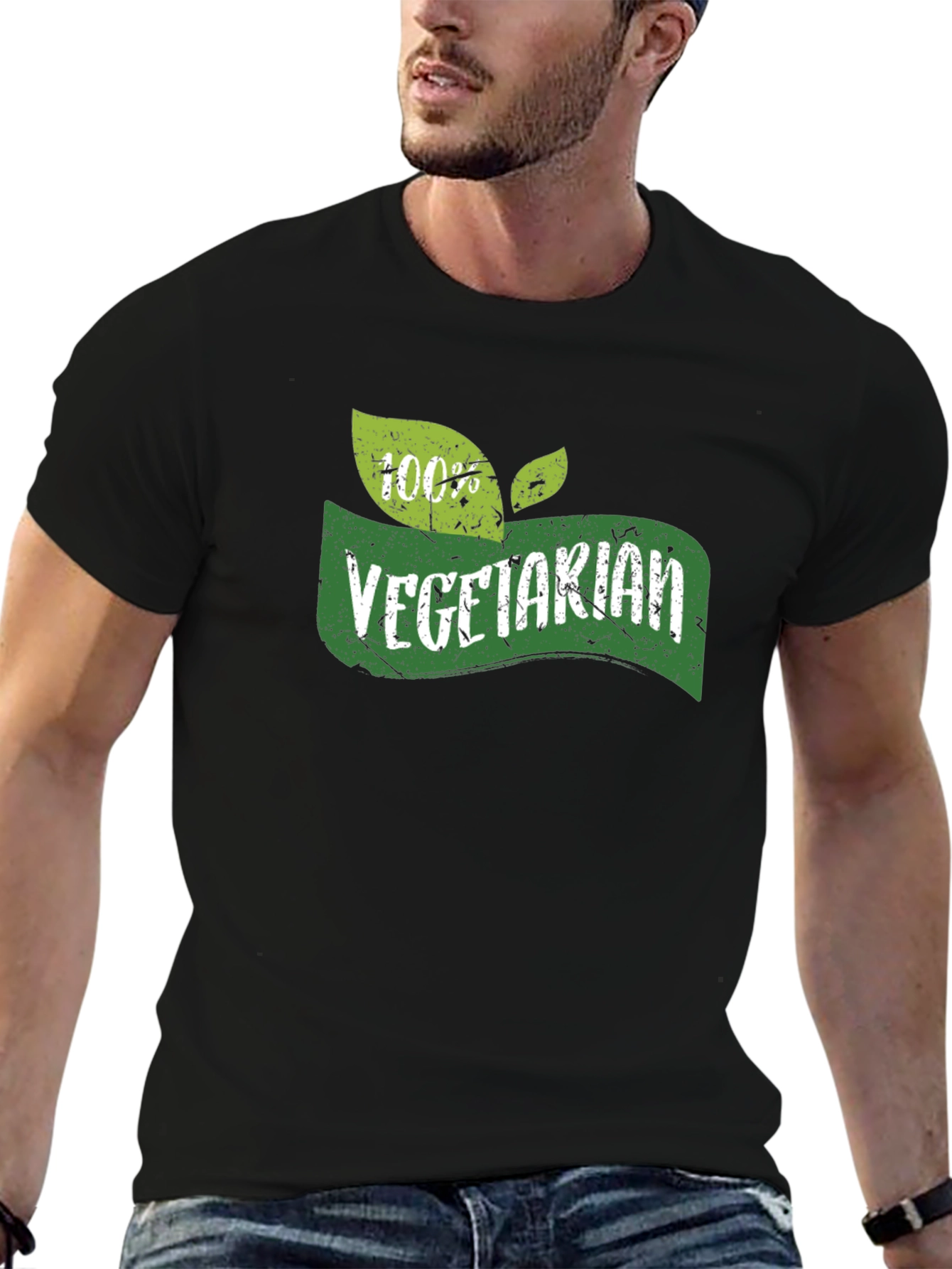 Vegetarian 100% Green Leaf Graphic Black T-Shirt
