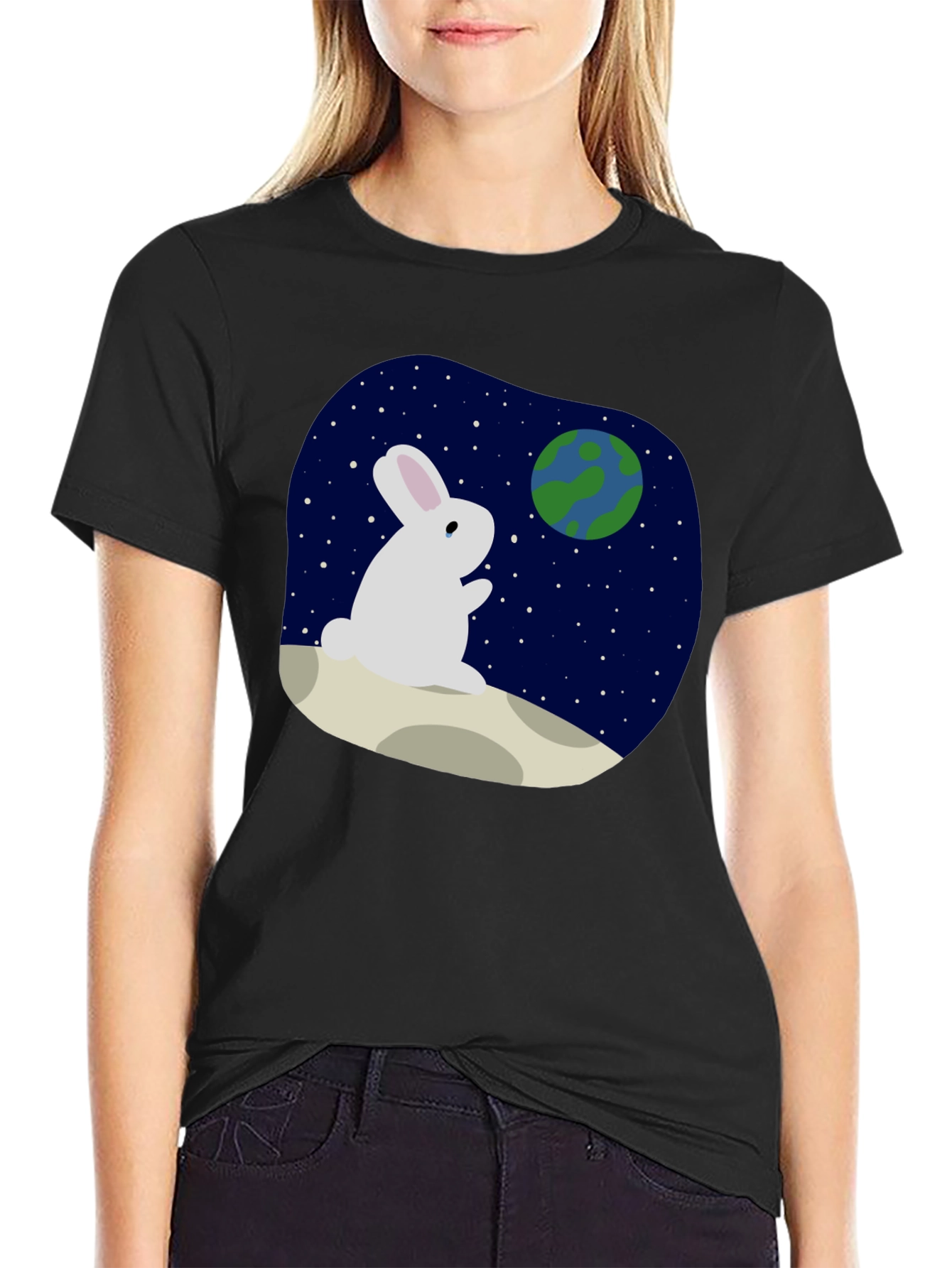 Rabbit Moon Earth Black T-Shirt