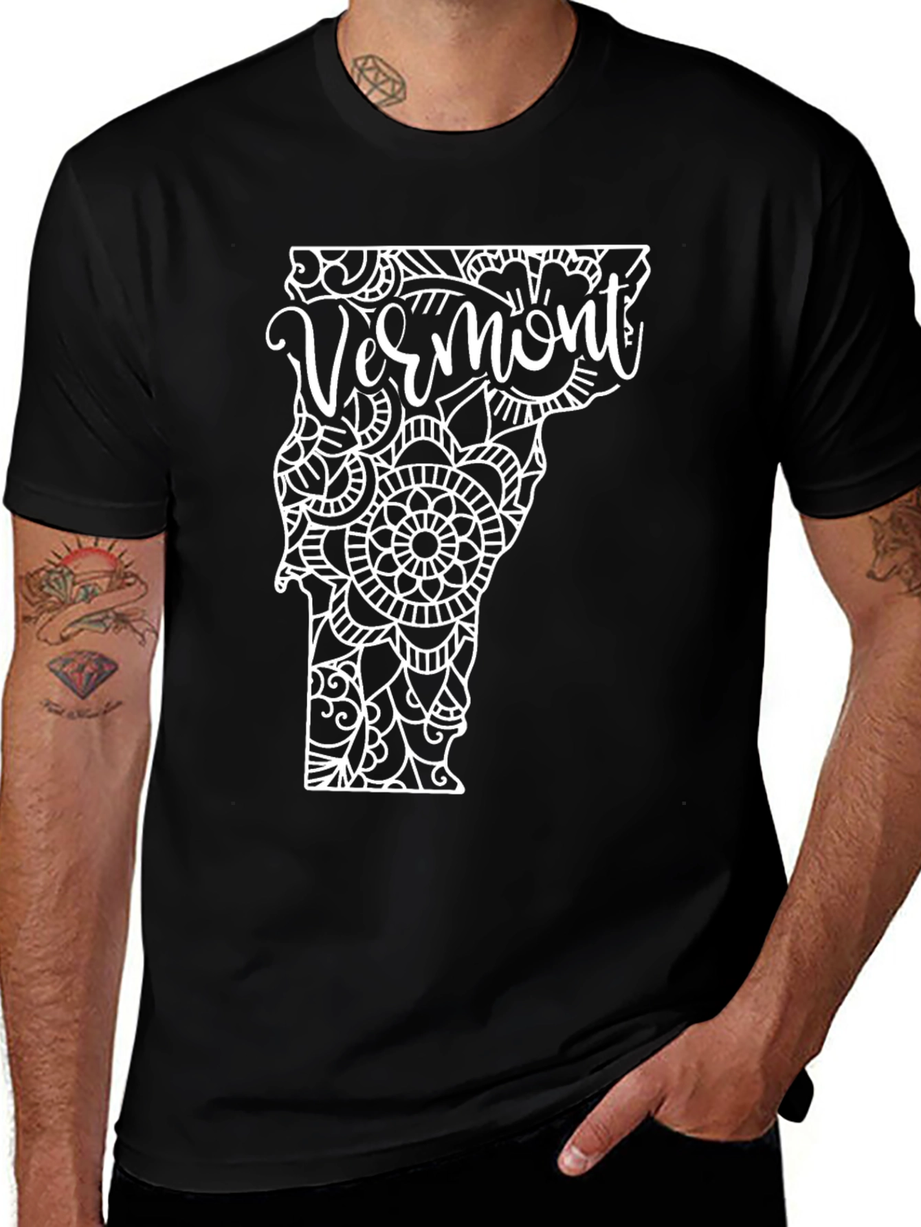 Vermont State Mandala Art Black T-Shirt