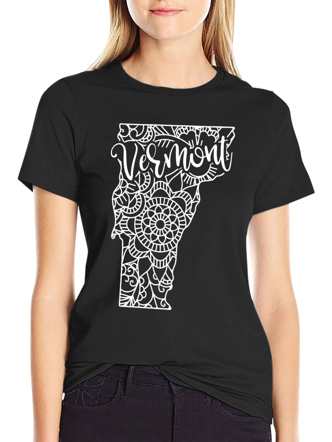 Vermont State Mandala Art Black T-Shirt