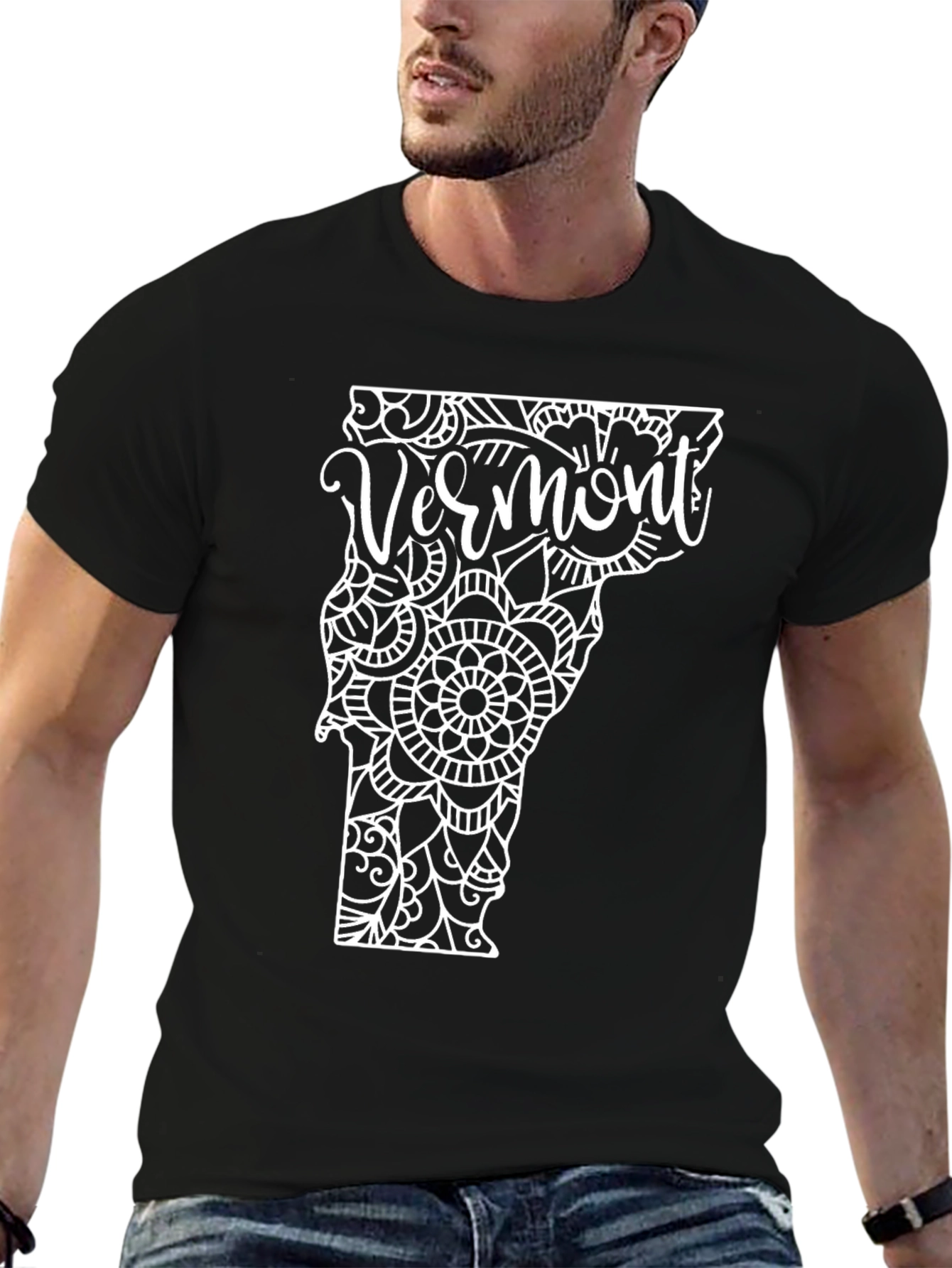 Vermont State Mandala Art Black T-Shirt