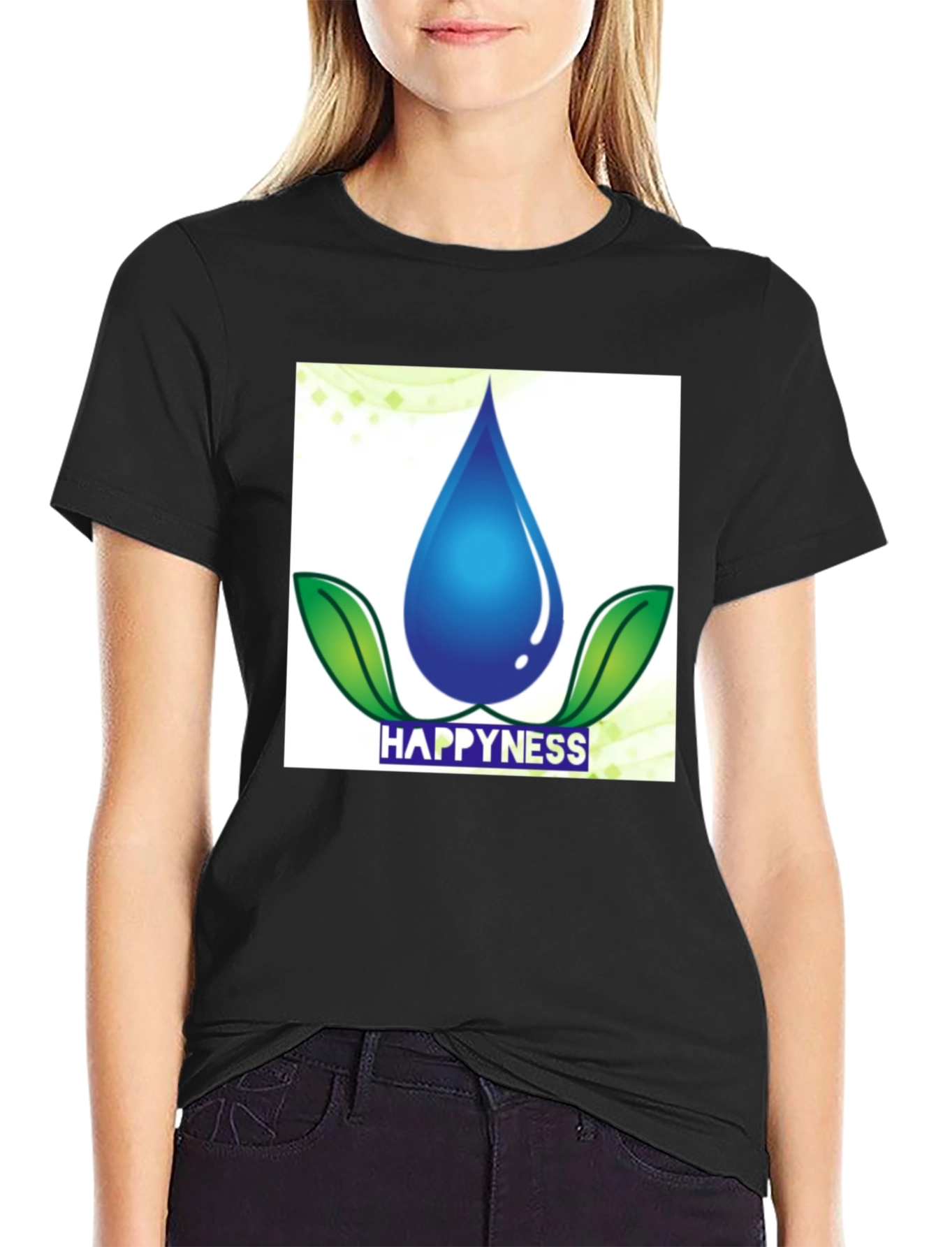 Happiness Water Drop Graphic Tee - Black Cotton Blend