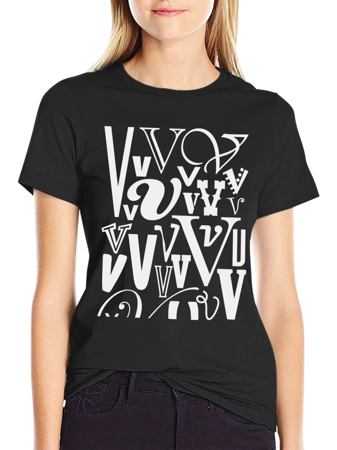Abstract Letter V Graphic Black T-Shirt