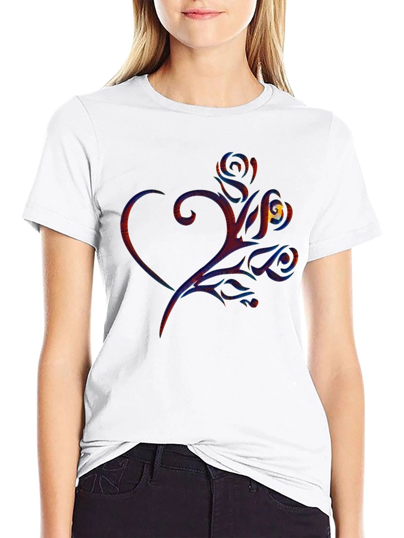 Heart & Rose Graphic Print Black T-Shirt
