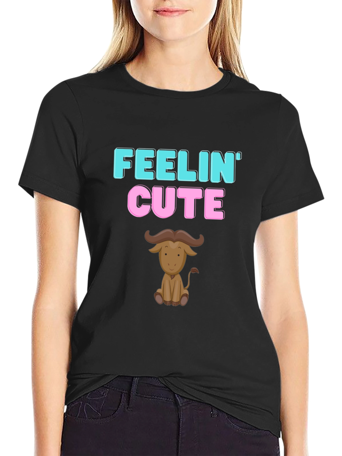 Feelin Cute Buffalo Graphic Tee - Black Cotton Shirt
