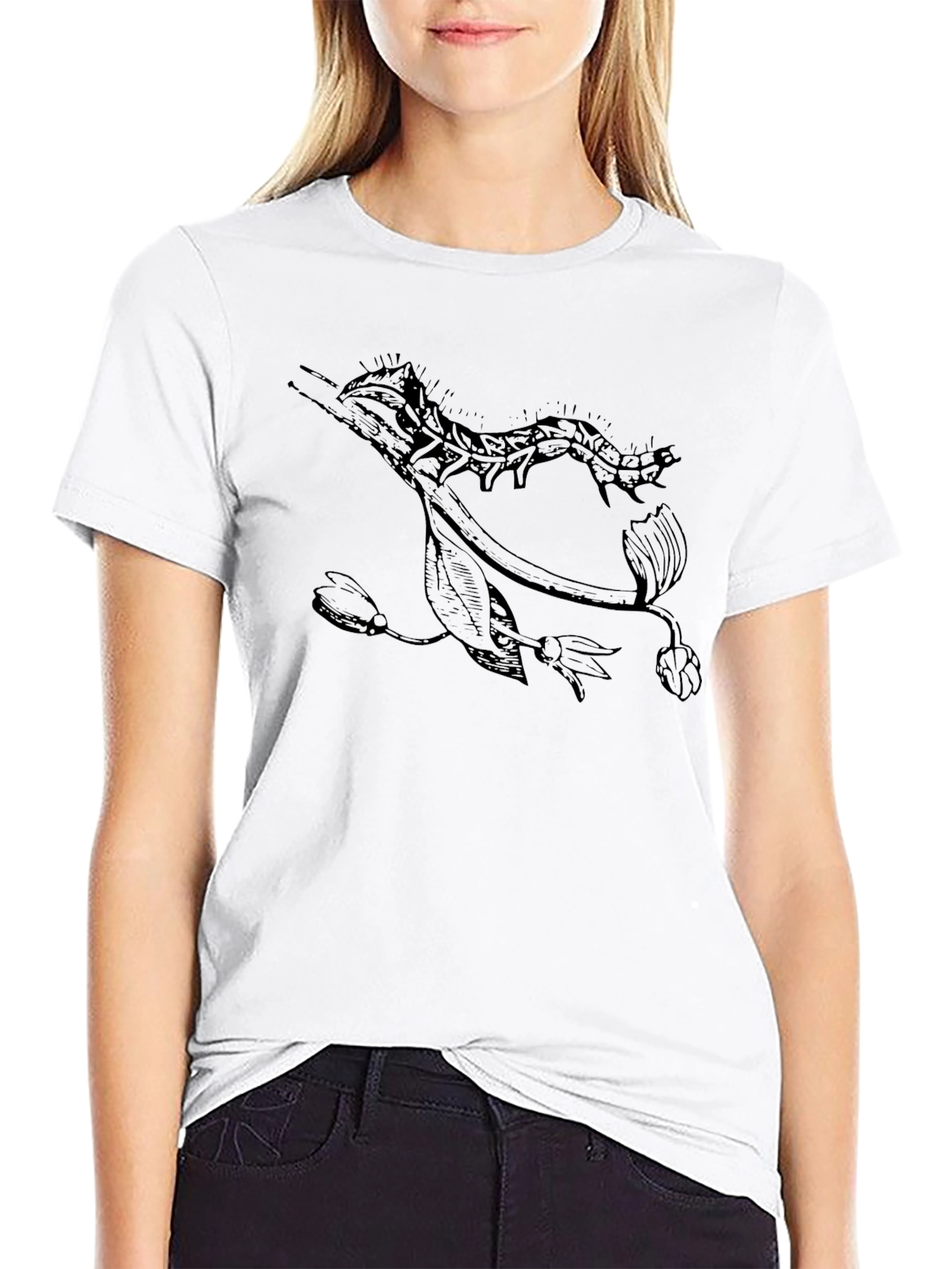Botanical Caterpillar Graphic Tee - Black Cotton