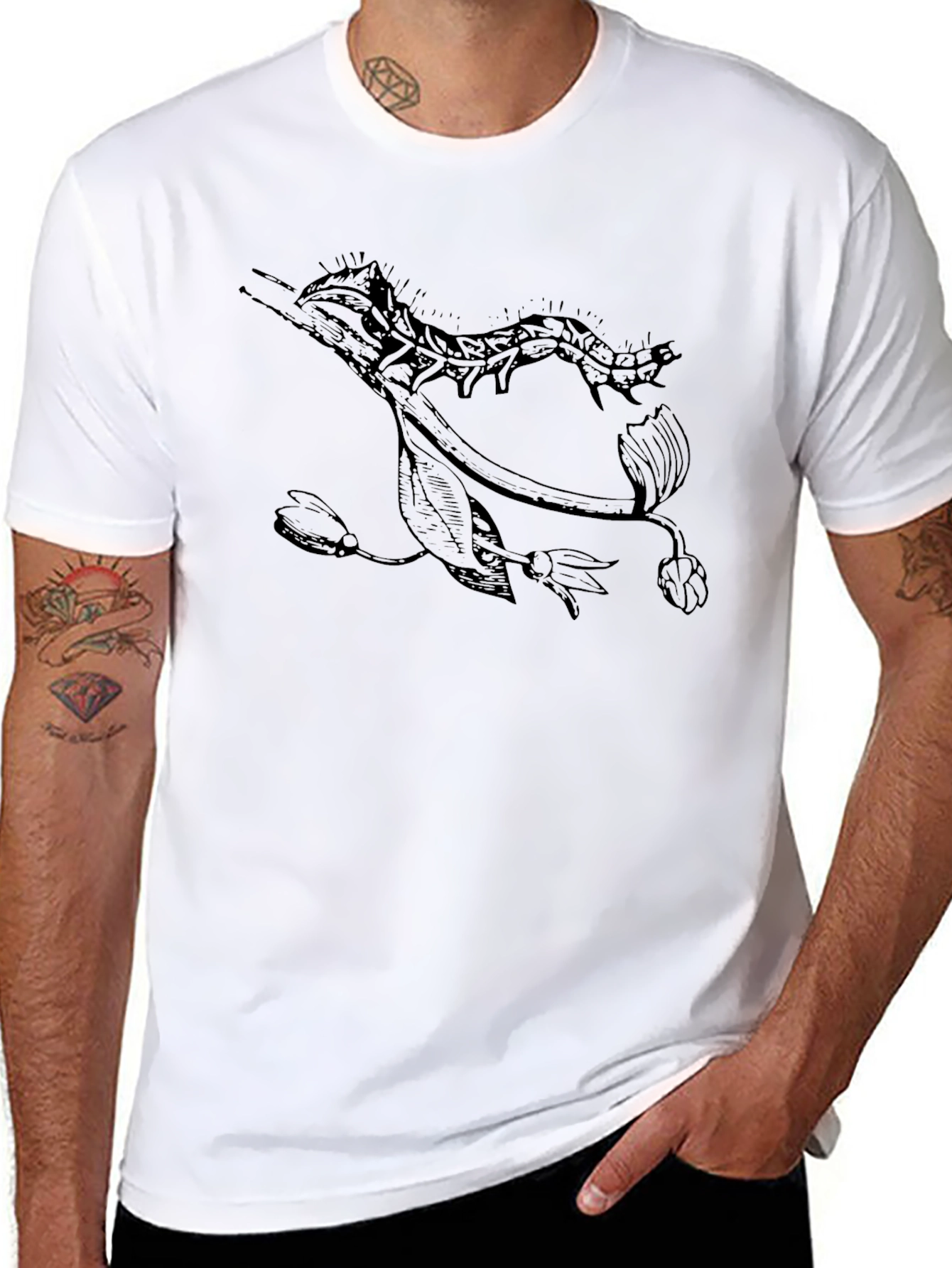 Botanical Caterpillar Graphic Tee - Black Cotton