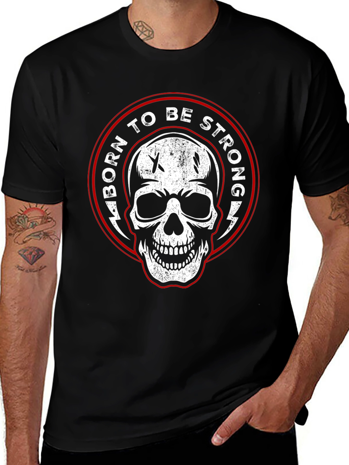 Born to be Strong Skull Graphic Black T-Shirt