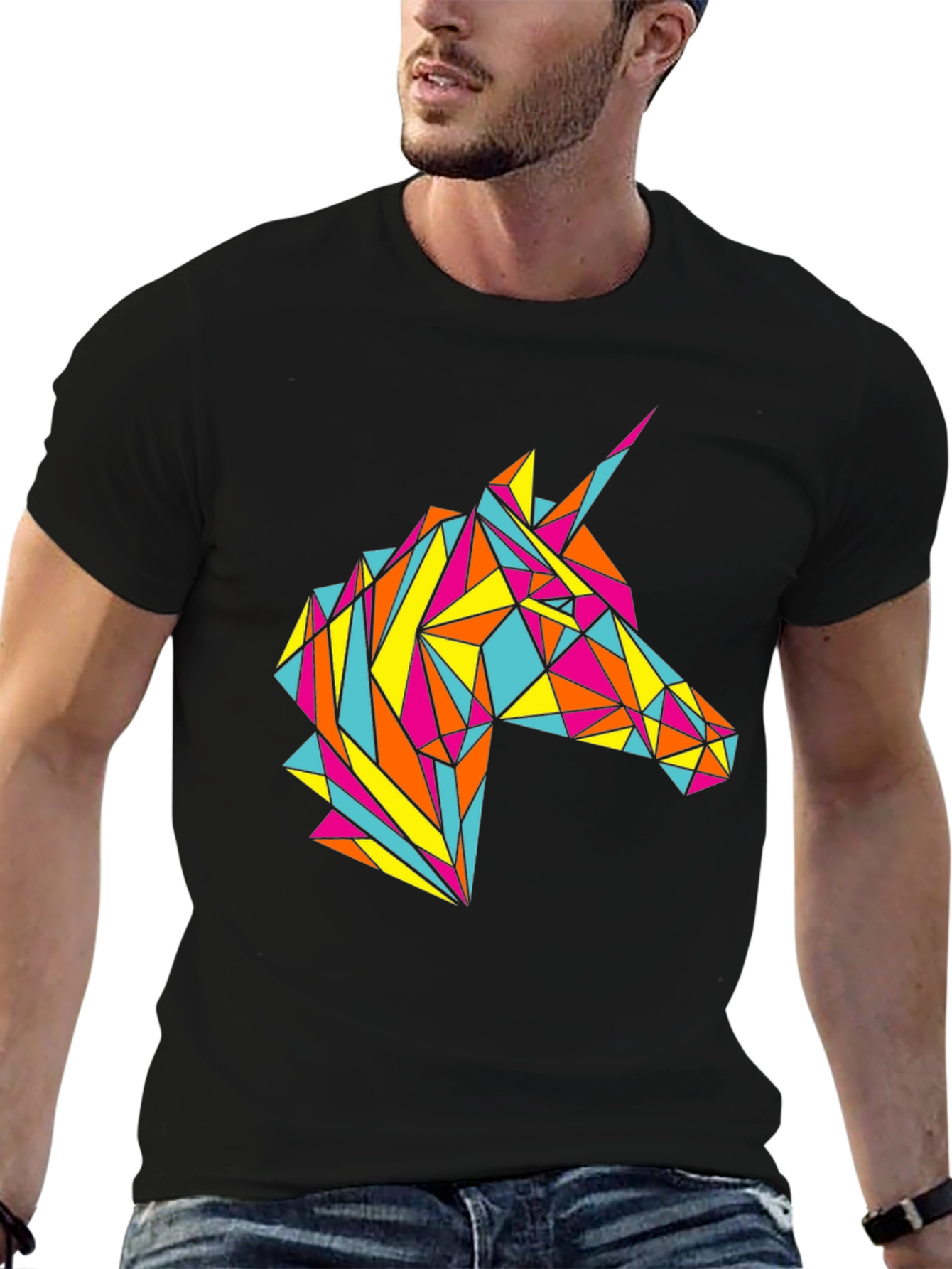 Geometric Unicorn Graphic Black T-Shirt