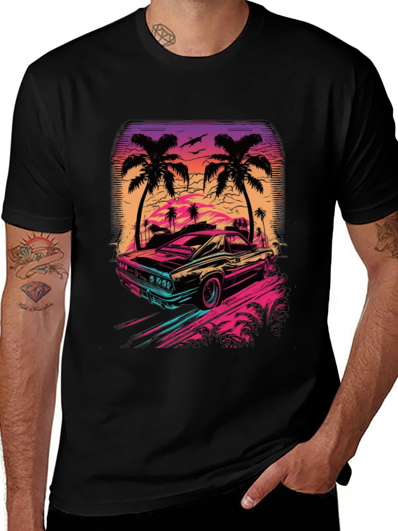 Retro Sunset Car Graphic T-Shirt