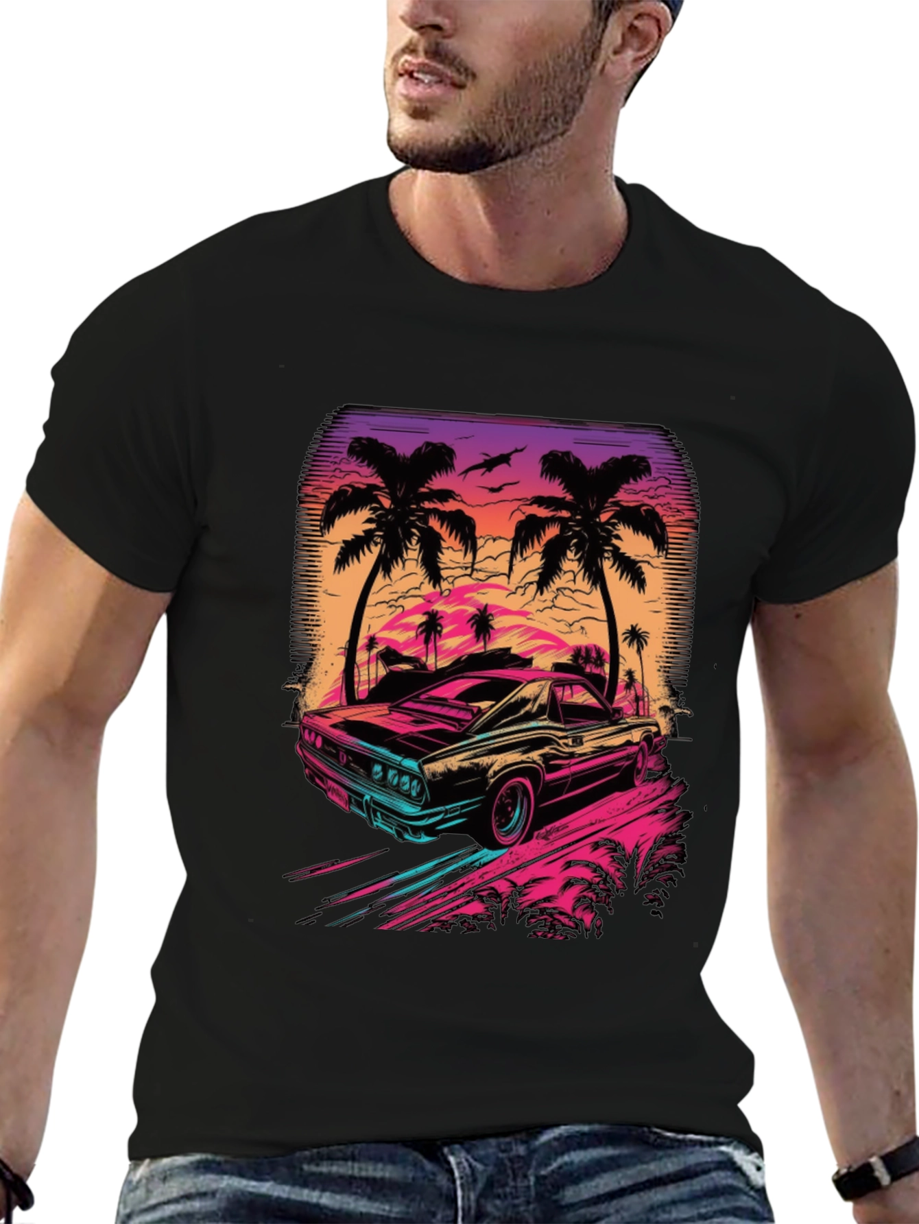 Retro Sunset Car Graphic T-Shirt