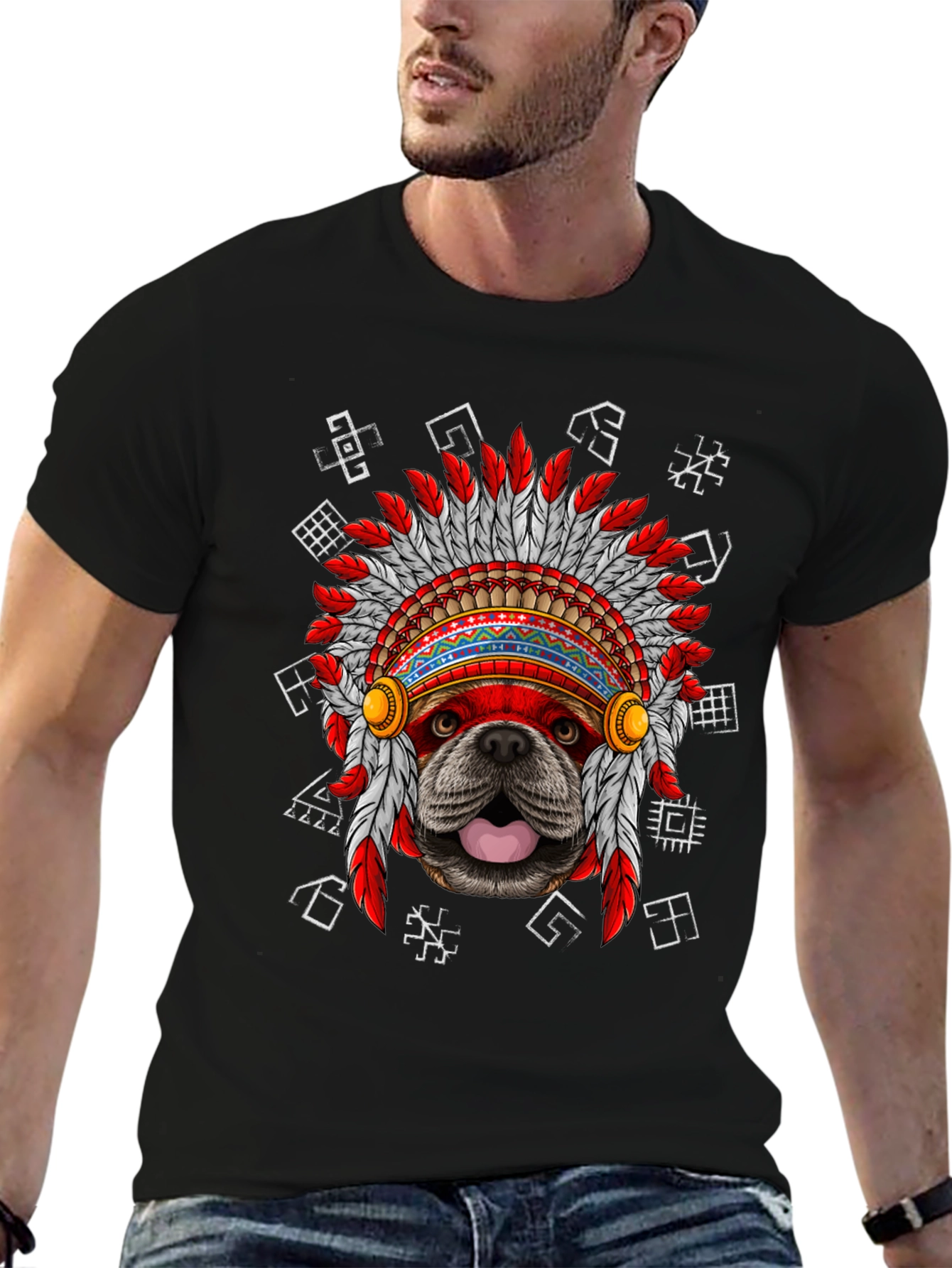 Dog Indian Headdress Black T-Shirt