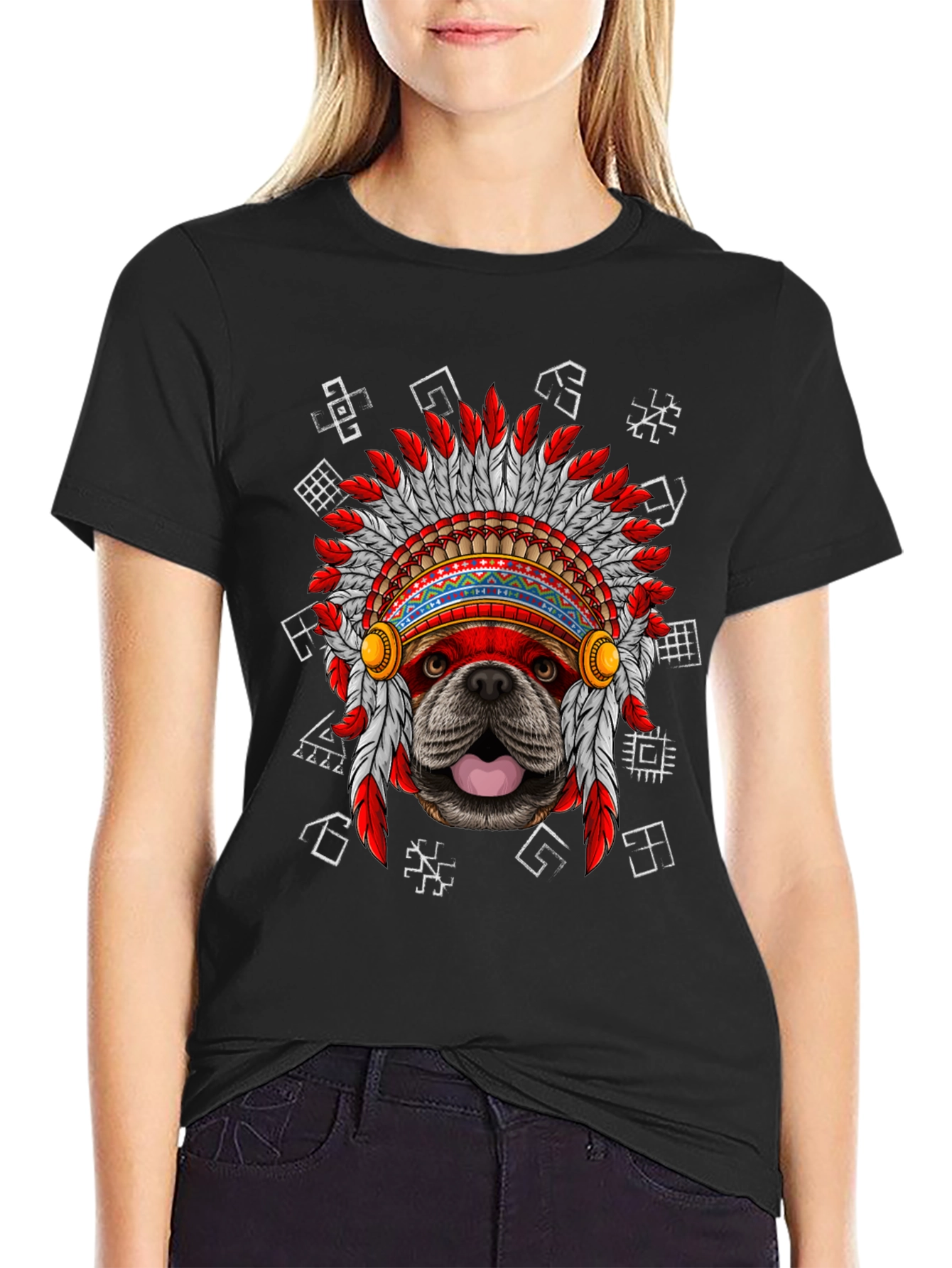 Dog Indian Headdress Black T-Shirt