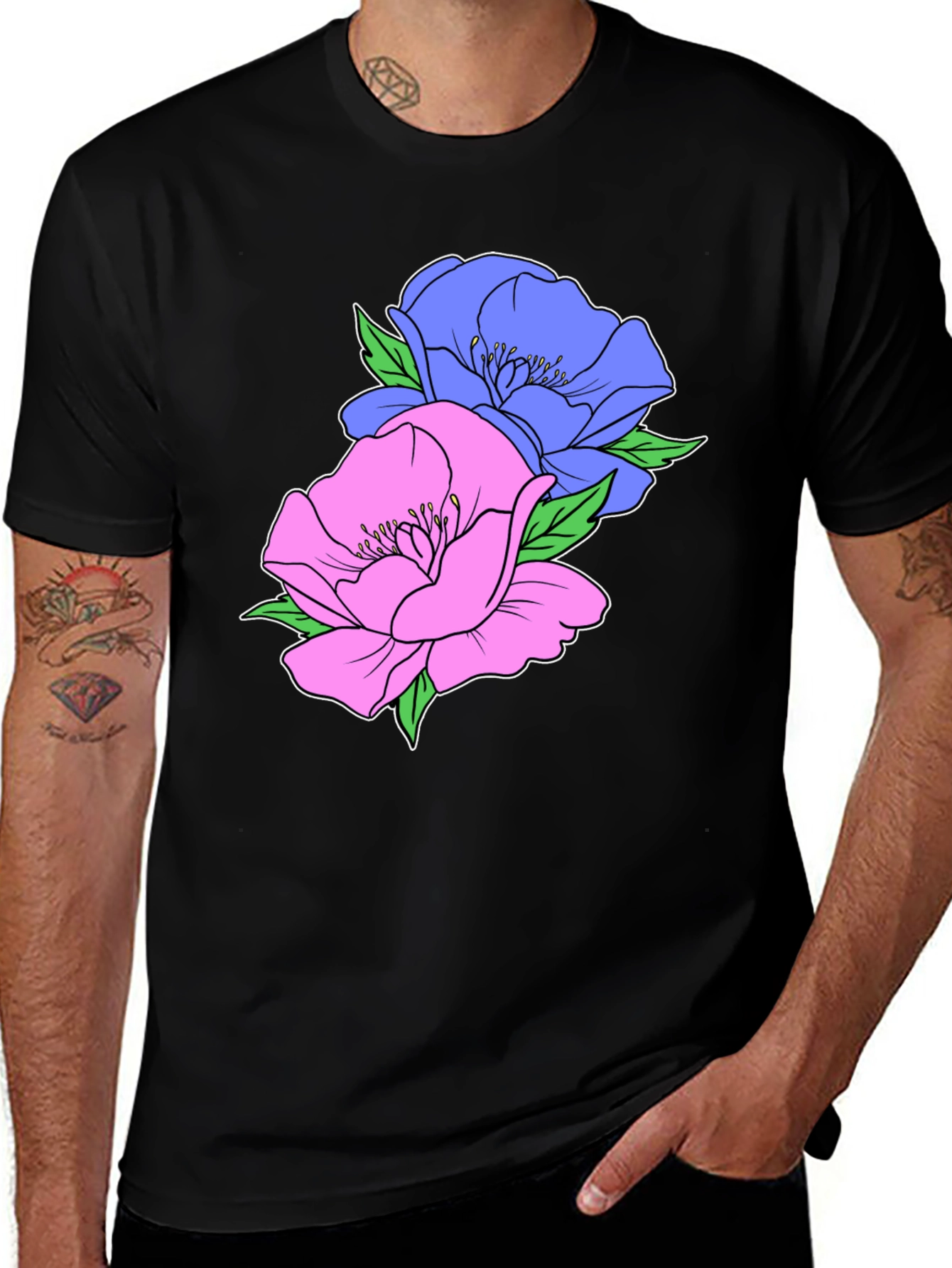 Floral Graphic T-Shirt - Mens Black Cotton Tee