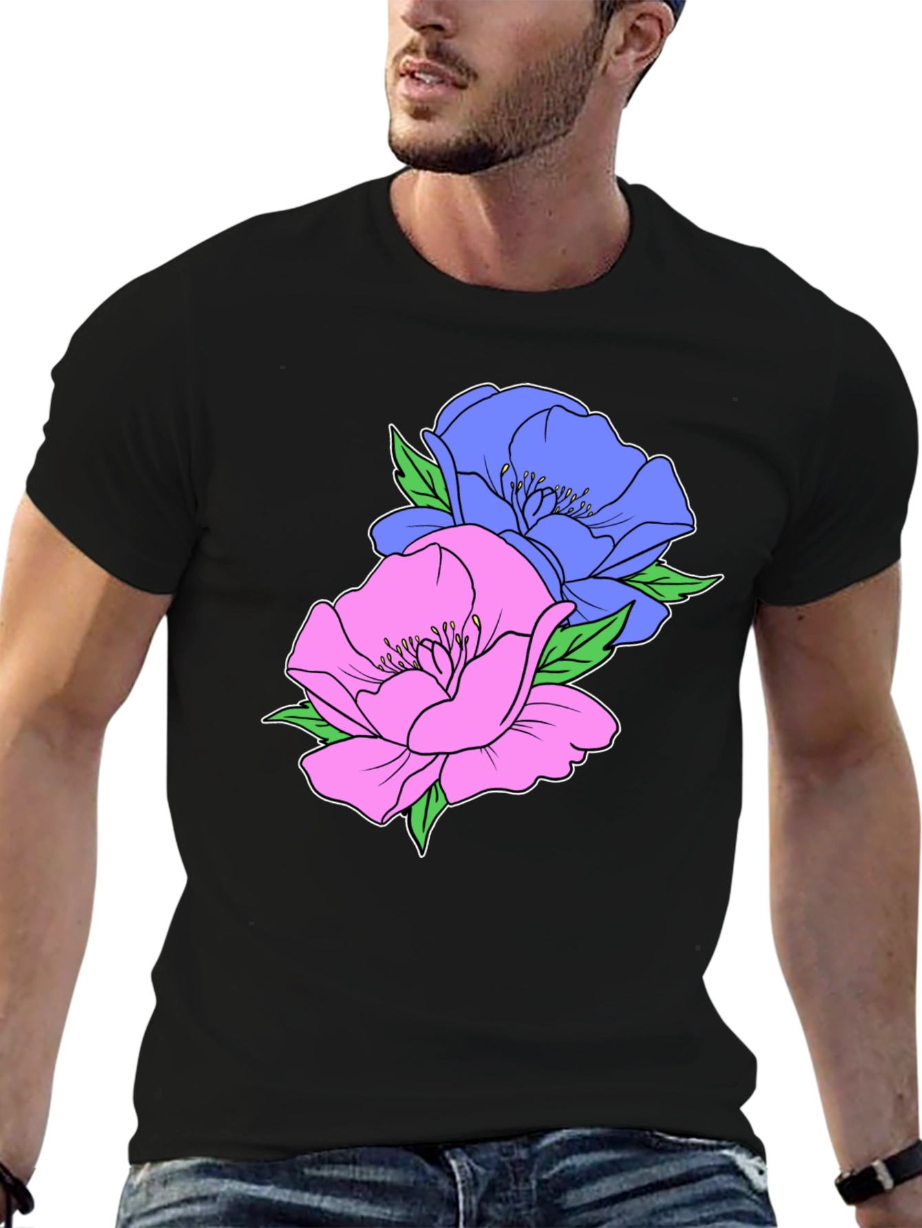 Floral Graphic T-Shirt - Mens Black Cotton Tee