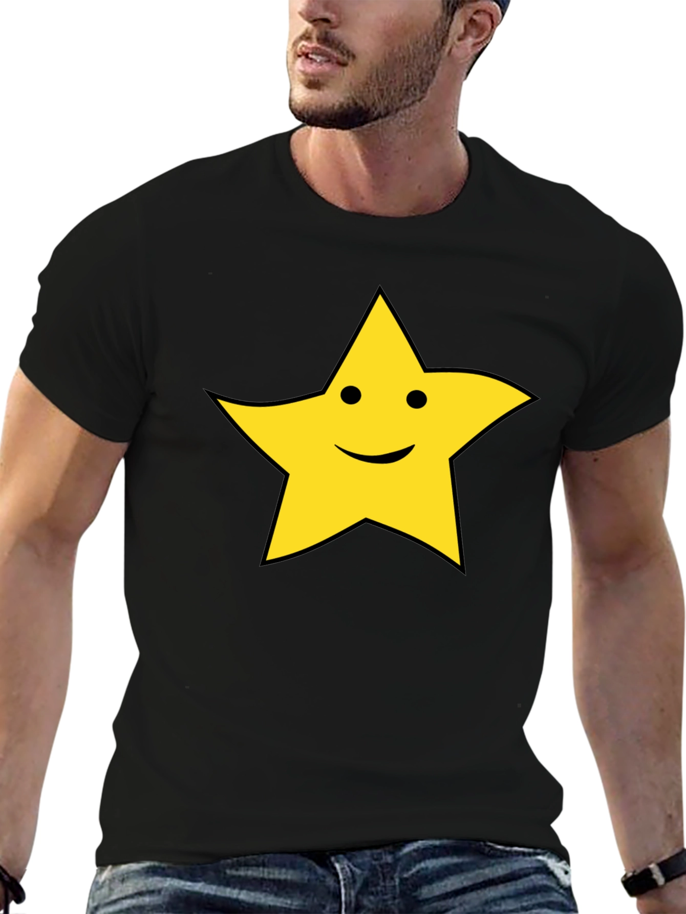 Happy Star Graphic T-Shirt - Black Cotton Tee