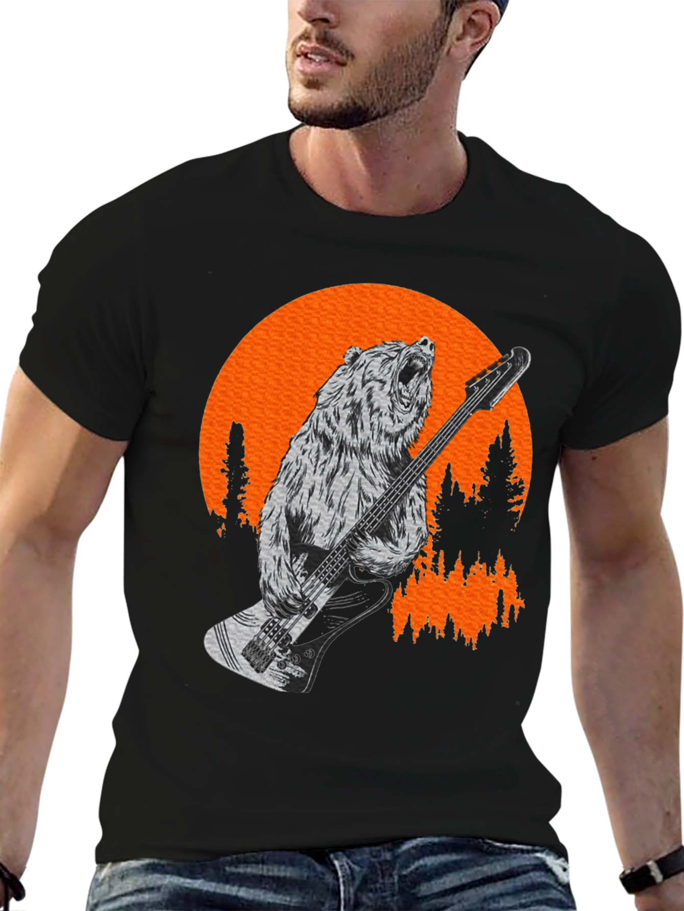 Bear Playing Bass T-Shirt - Black Tee