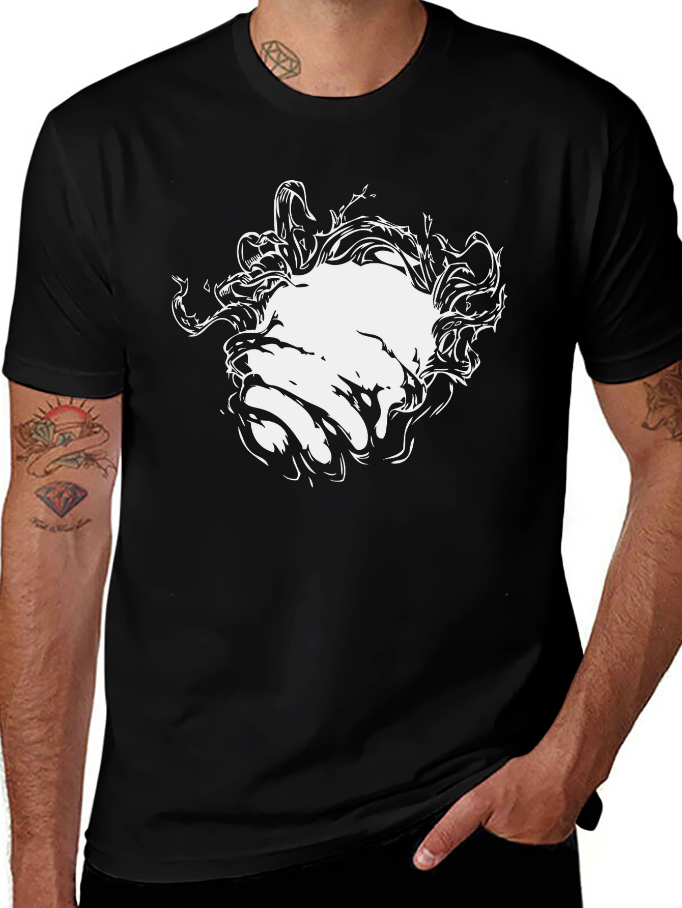 Mens Black Graphic Tee - Abstract Face Design