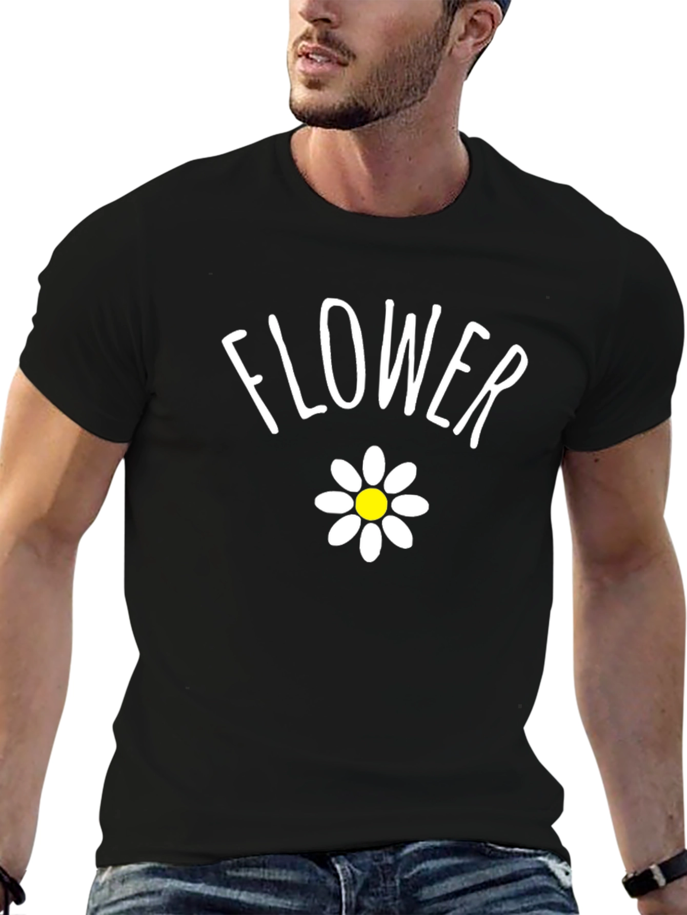 Flower Graphic Tee - Casual Black Cotton T-Shirt