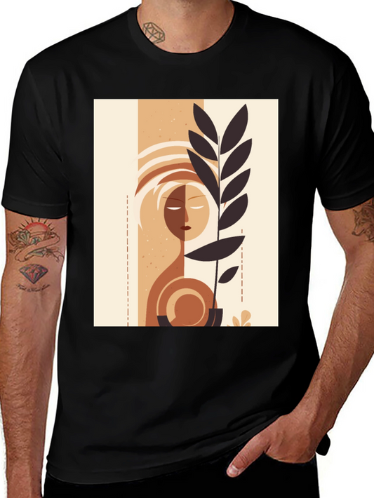 Abstract Face & Plant Graphic Tee - Stylish Minimalist Design