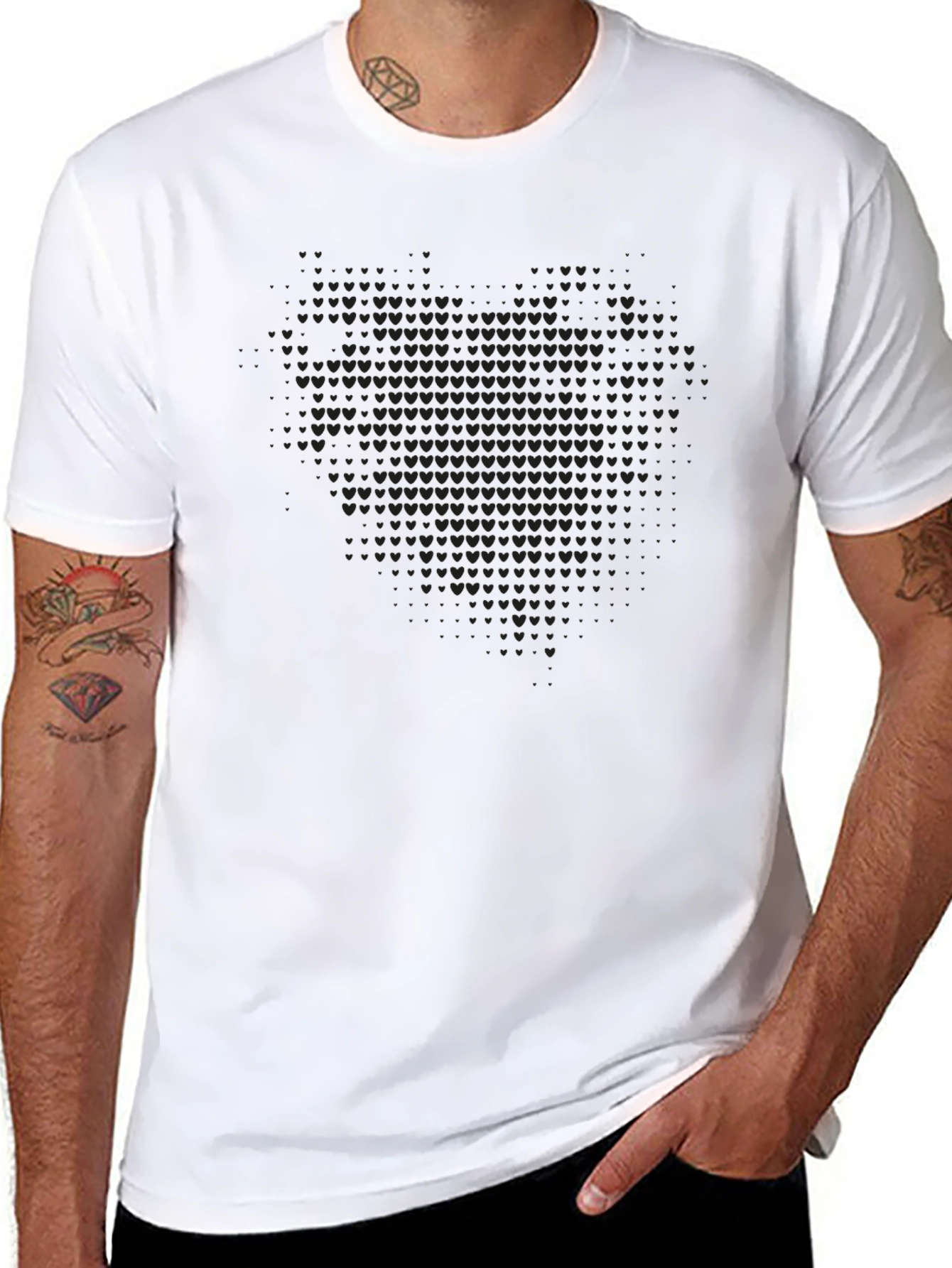 Mens Black Heart Pattern Crew Neck Tee