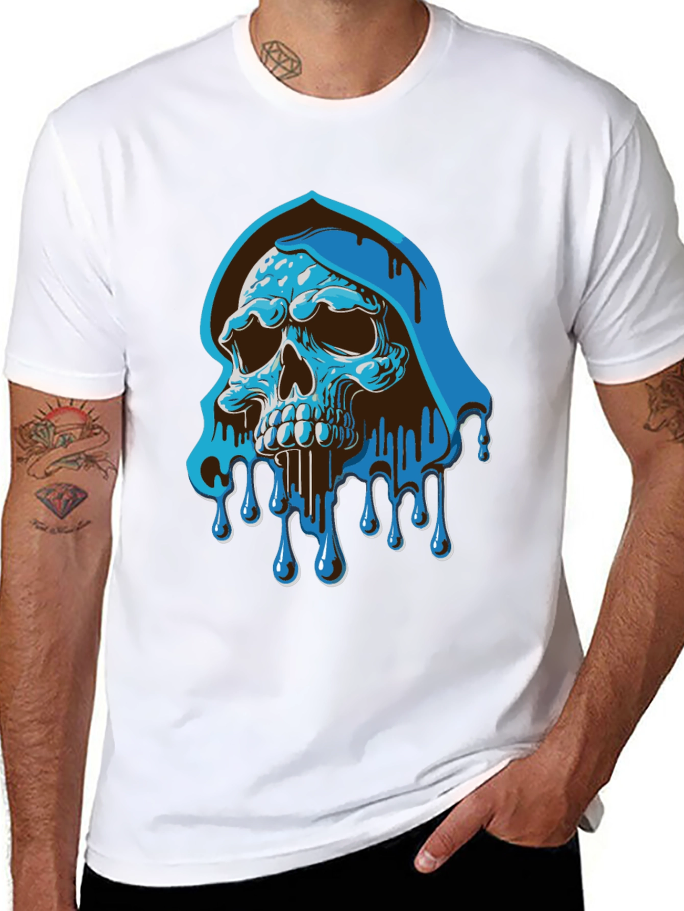 Blue Drip Skull Graphic Tee - Mens Casual T-Shirt