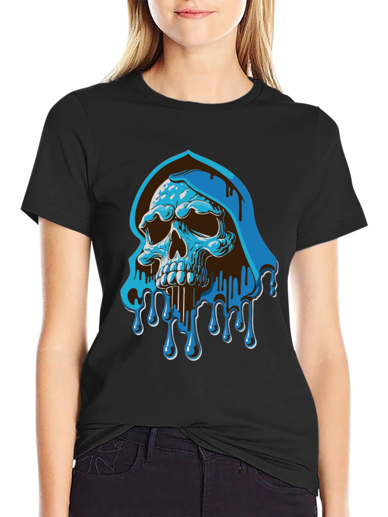 Blue Drip Skull Graphic Tee - Mens Casual T-Shirt