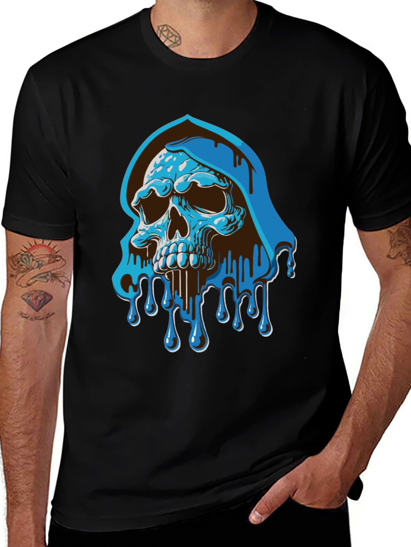 Blue Drip Skull Graphic Tee - Mens Casual T-Shirt