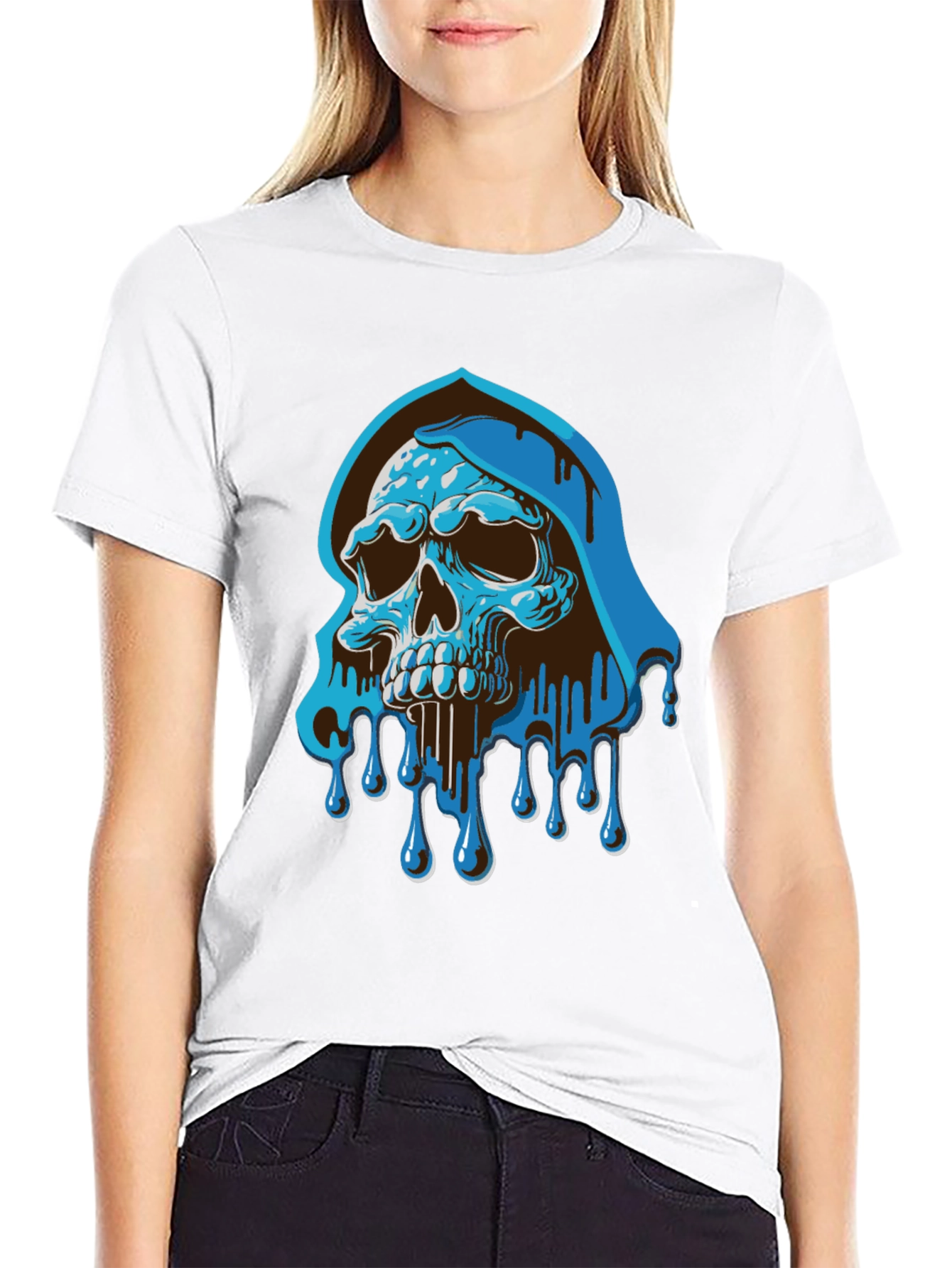 Blue Drip Skull Graphic Tee - Mens Casual T-Shirt
