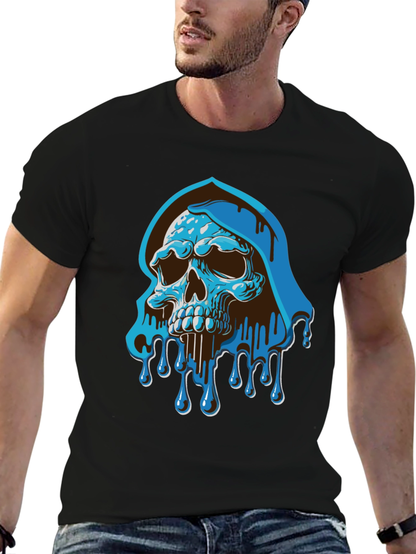 Blue Drip Skull Graphic Tee - Mens Casual T-Shirt