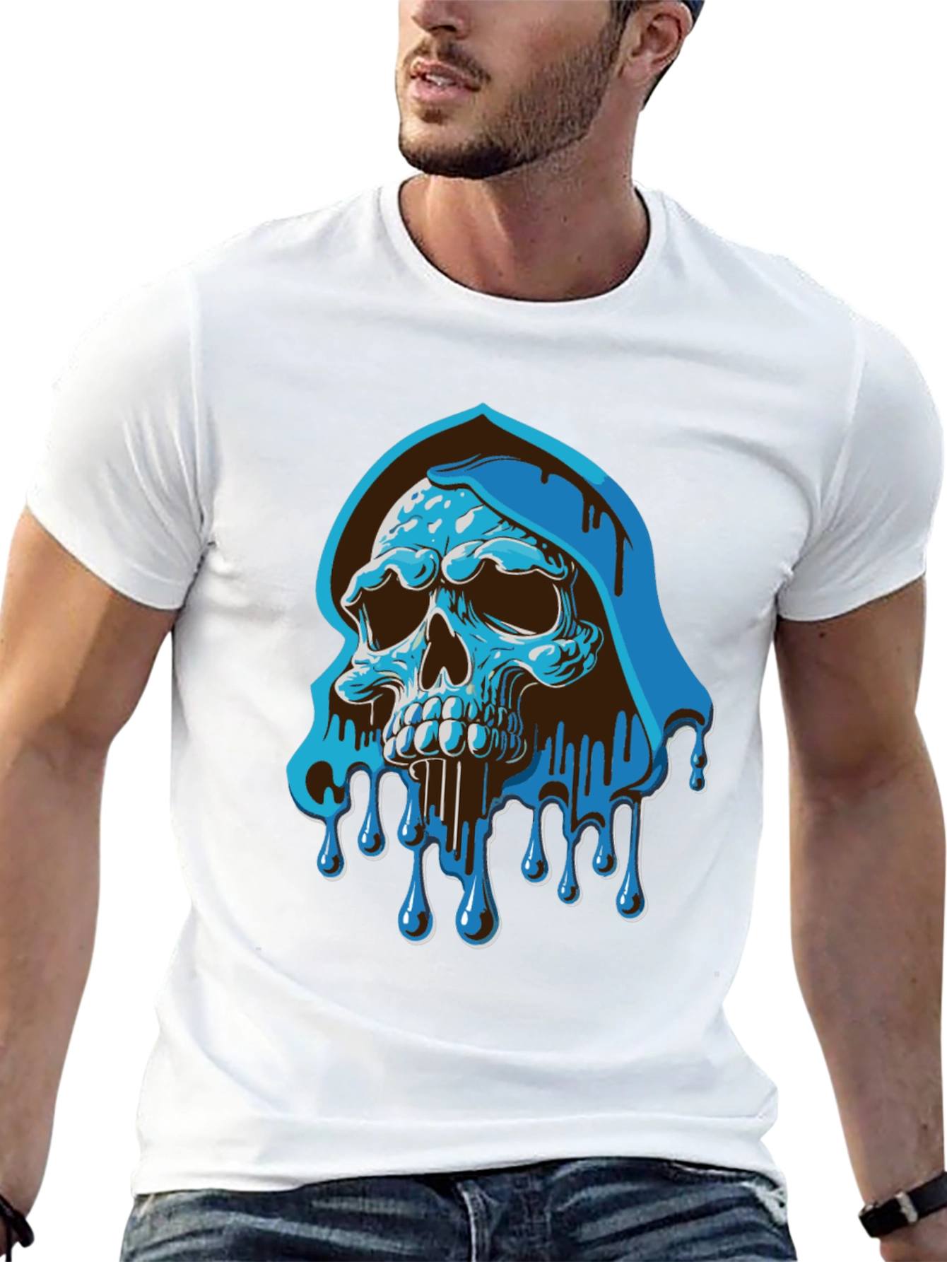 Blue Drip Skull Graphic Tee - Mens Casual T-Shirt