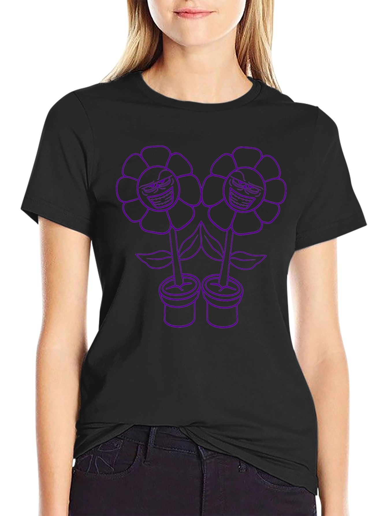 Mens Black T-Shirt with Cartoon Flower Print