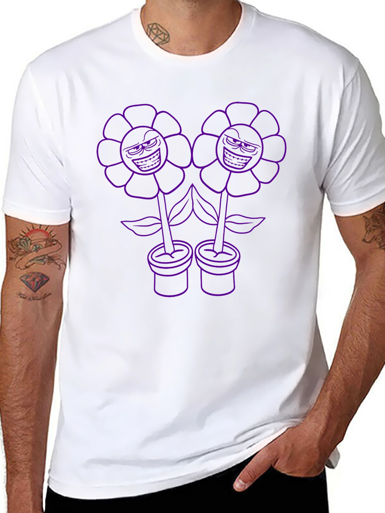 Mens Black T-Shirt with Cartoon Flower Print