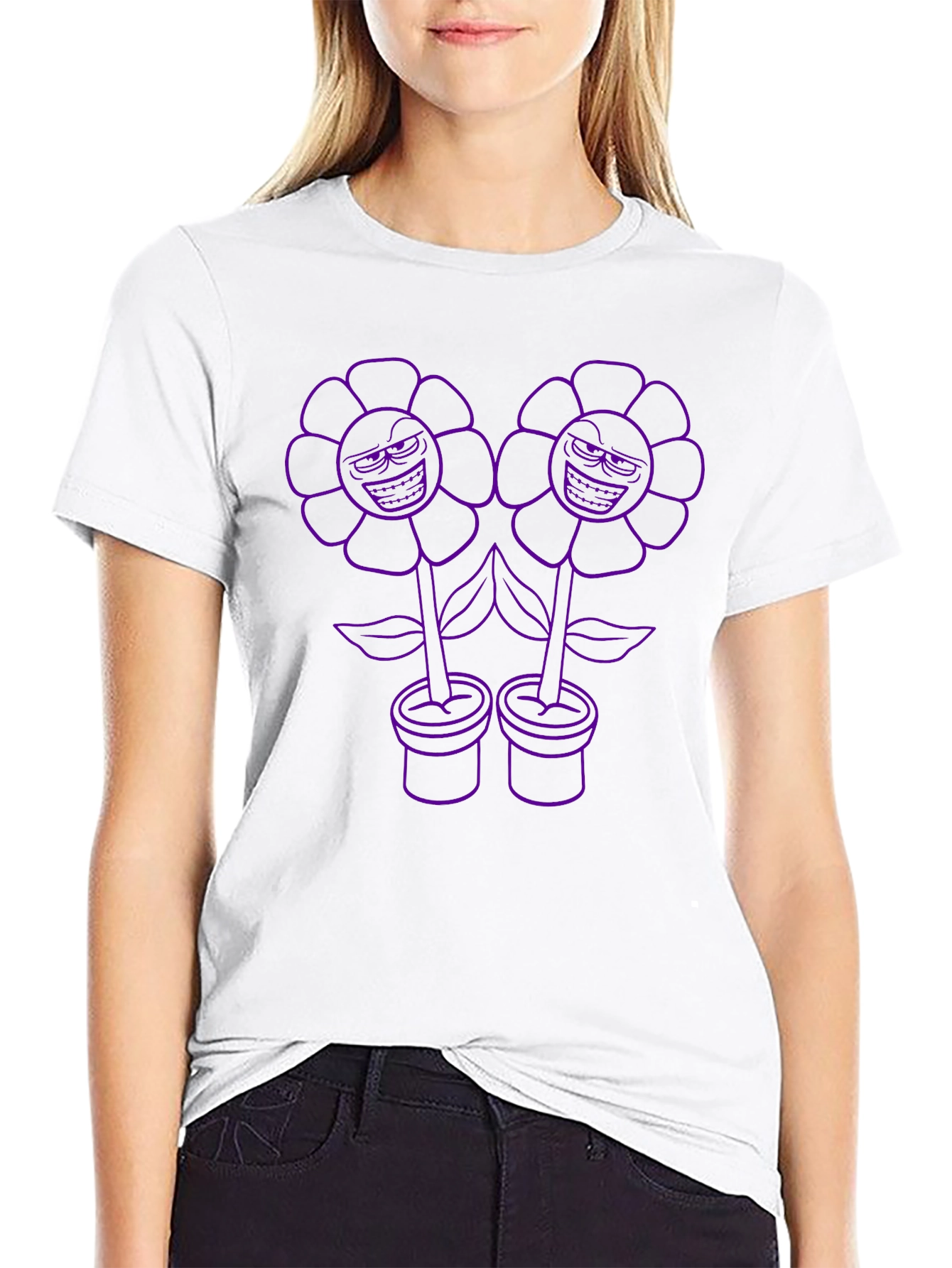 Mens Black T-Shirt with Cartoon Flower Print