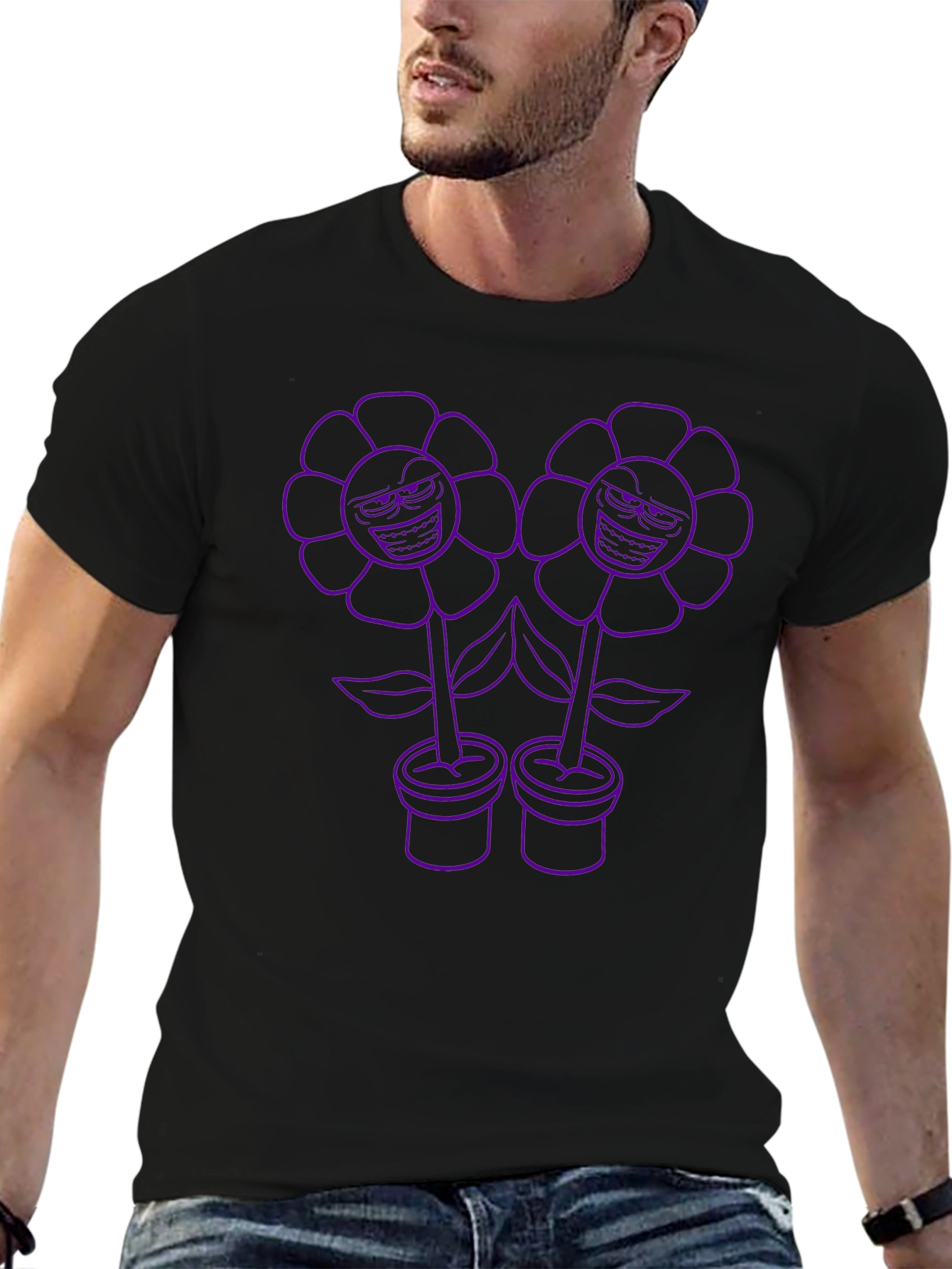 Mens Black T-Shirt with Cartoon Flower Print