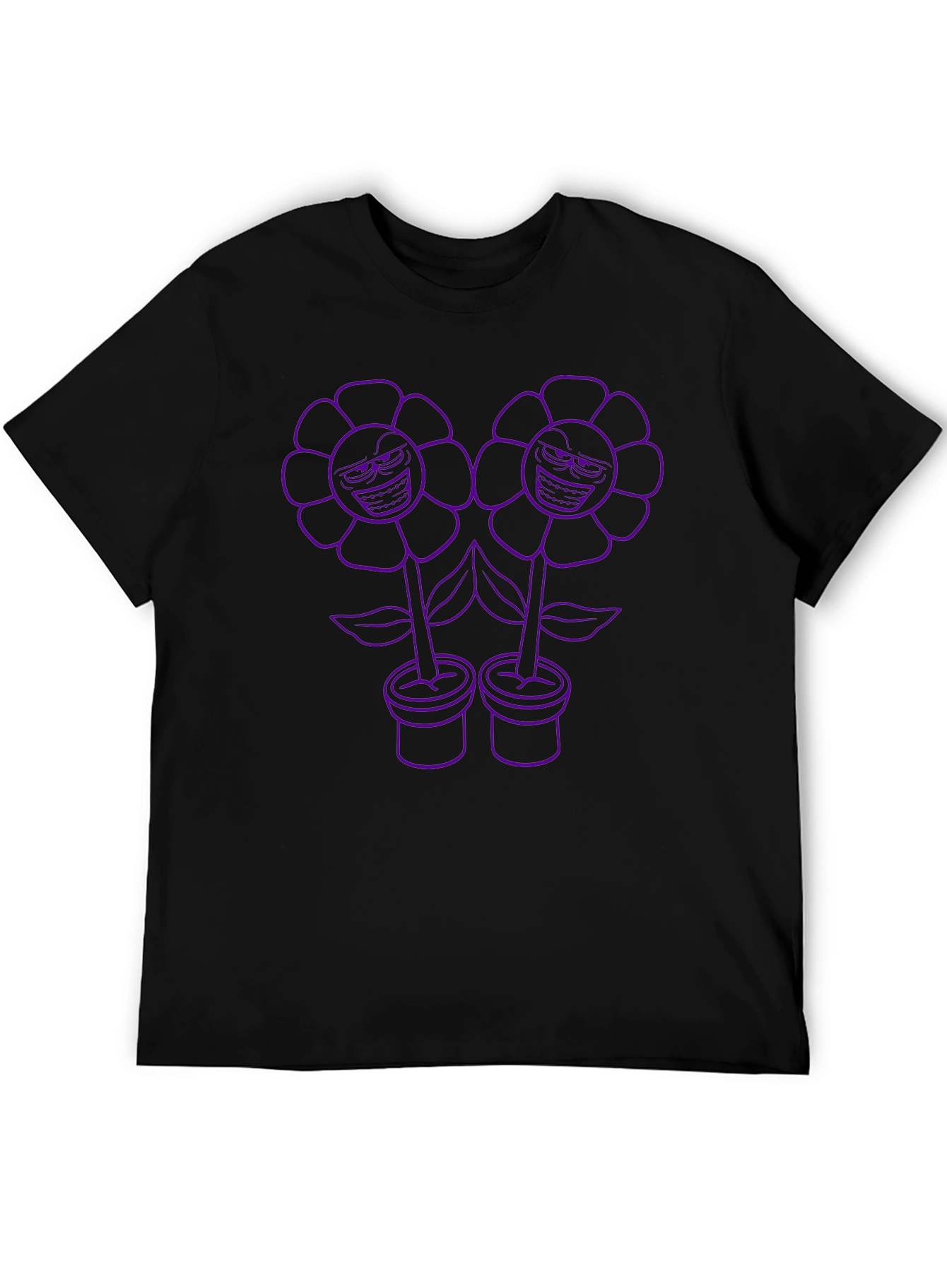 Mens Black T-Shirt with Cartoon Flower Print