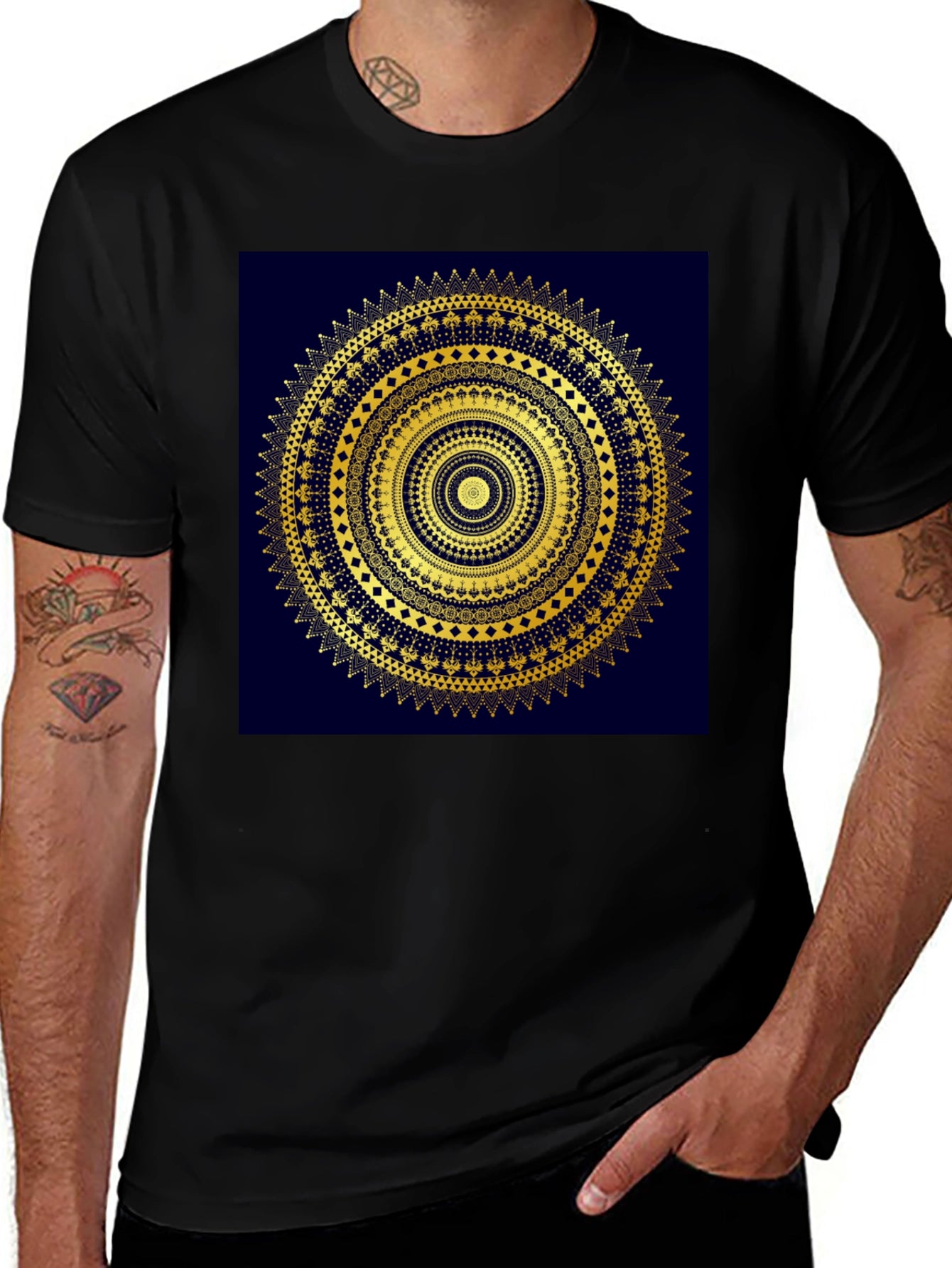 Gold Mandala Design Black T-Shirt