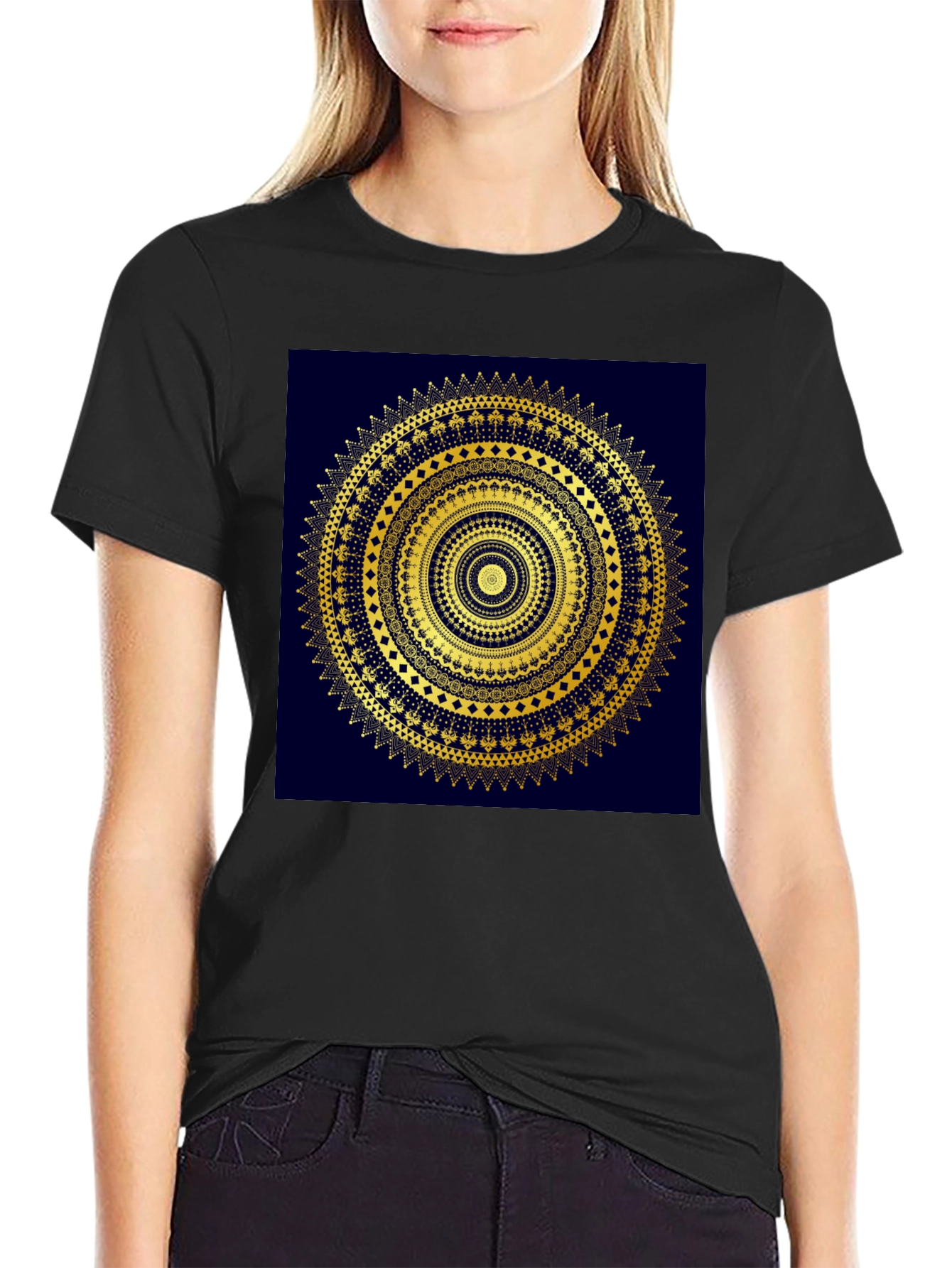 Gold Mandala Design Black T-Shirt