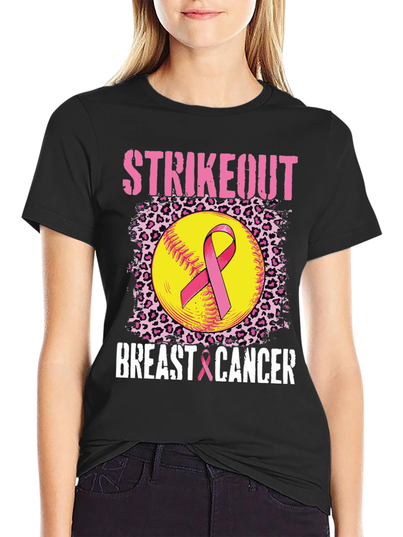 Strikeout Breast Cancer T-Shirt - Softball Ribbon