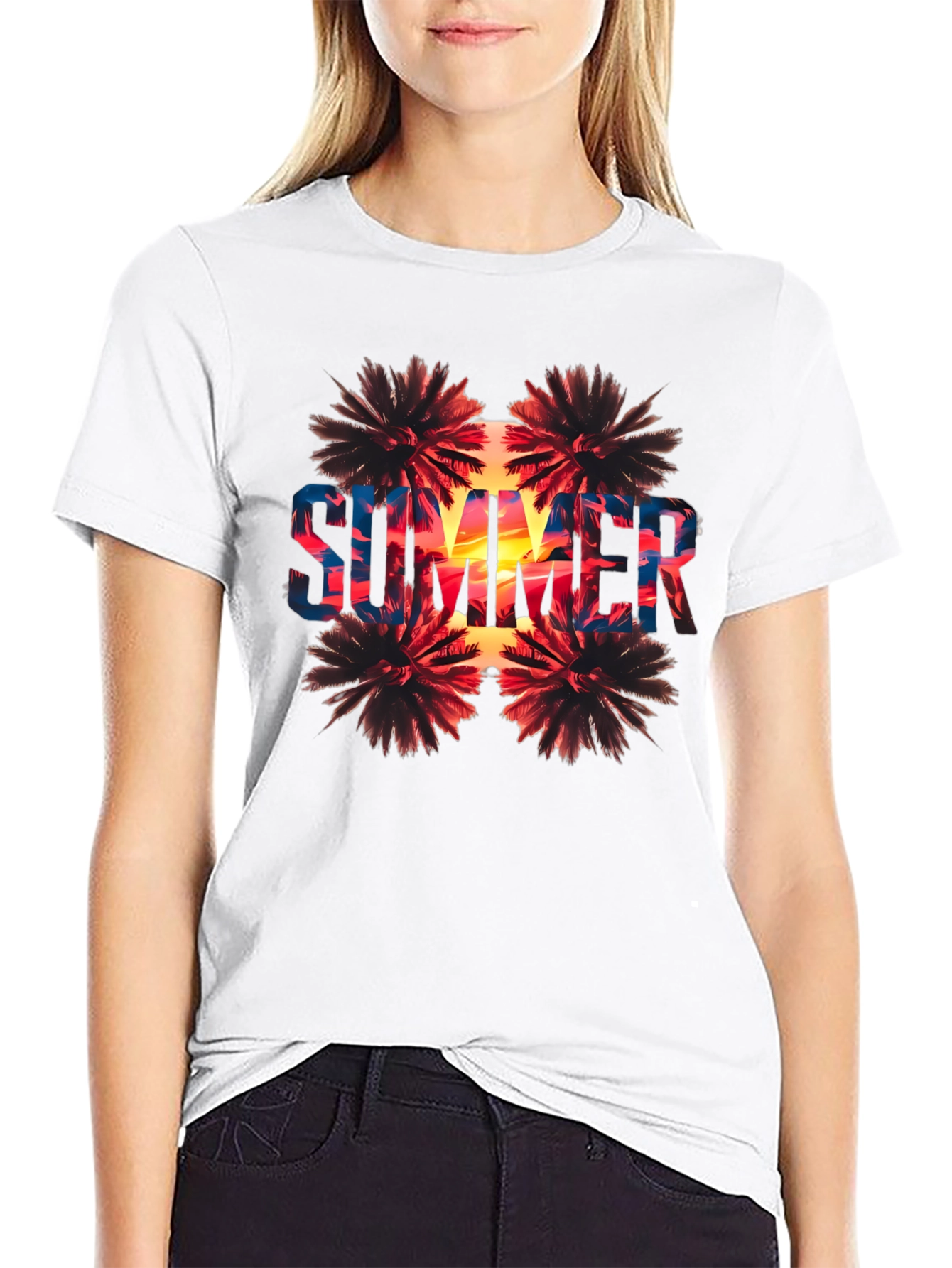 Summer Palm Tree Graphic Print Black T-Shirt