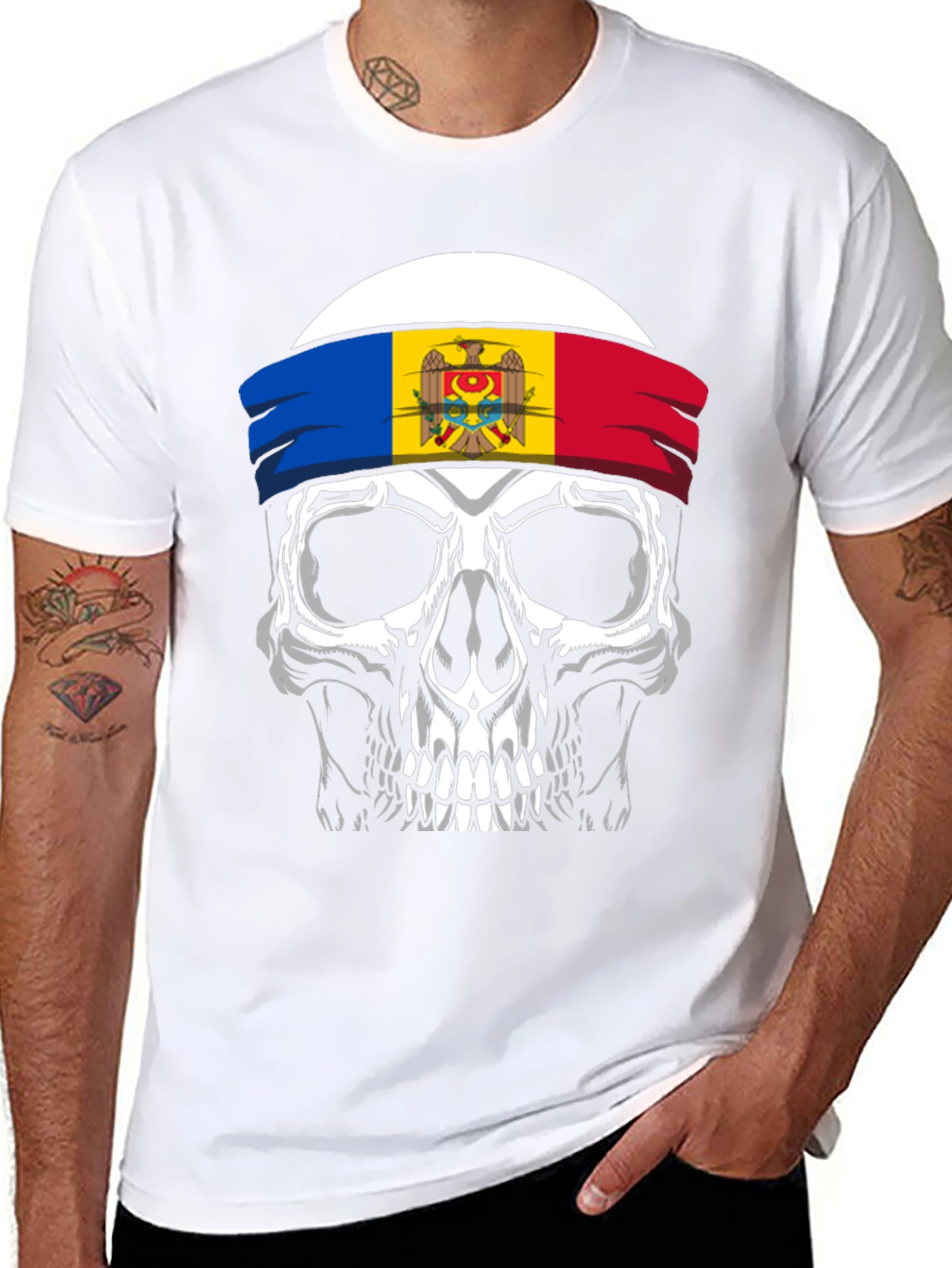 Skull Moldova Flag Bandana Graphic T-Shirt