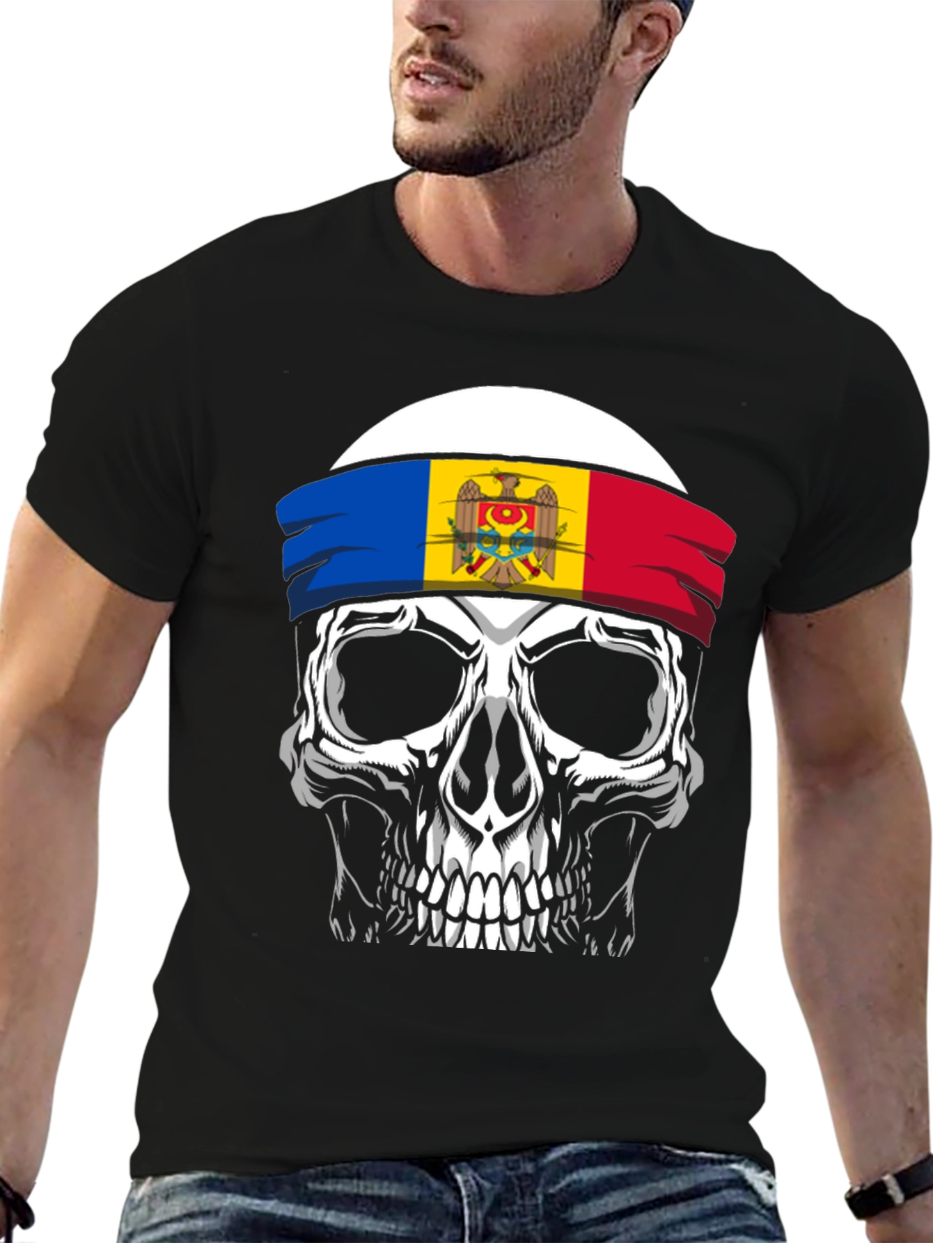 Skull Moldova Flag Bandana Graphic T-Shirt