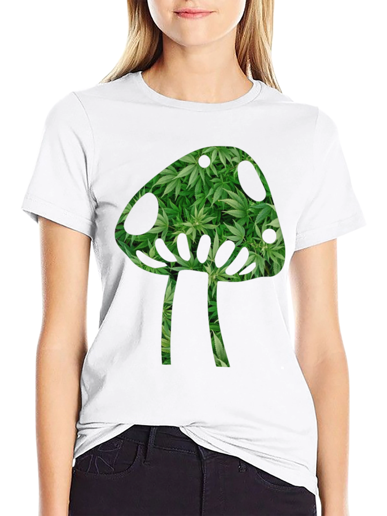 Mushroom Weed Leaf Print T-Shirt - Black
