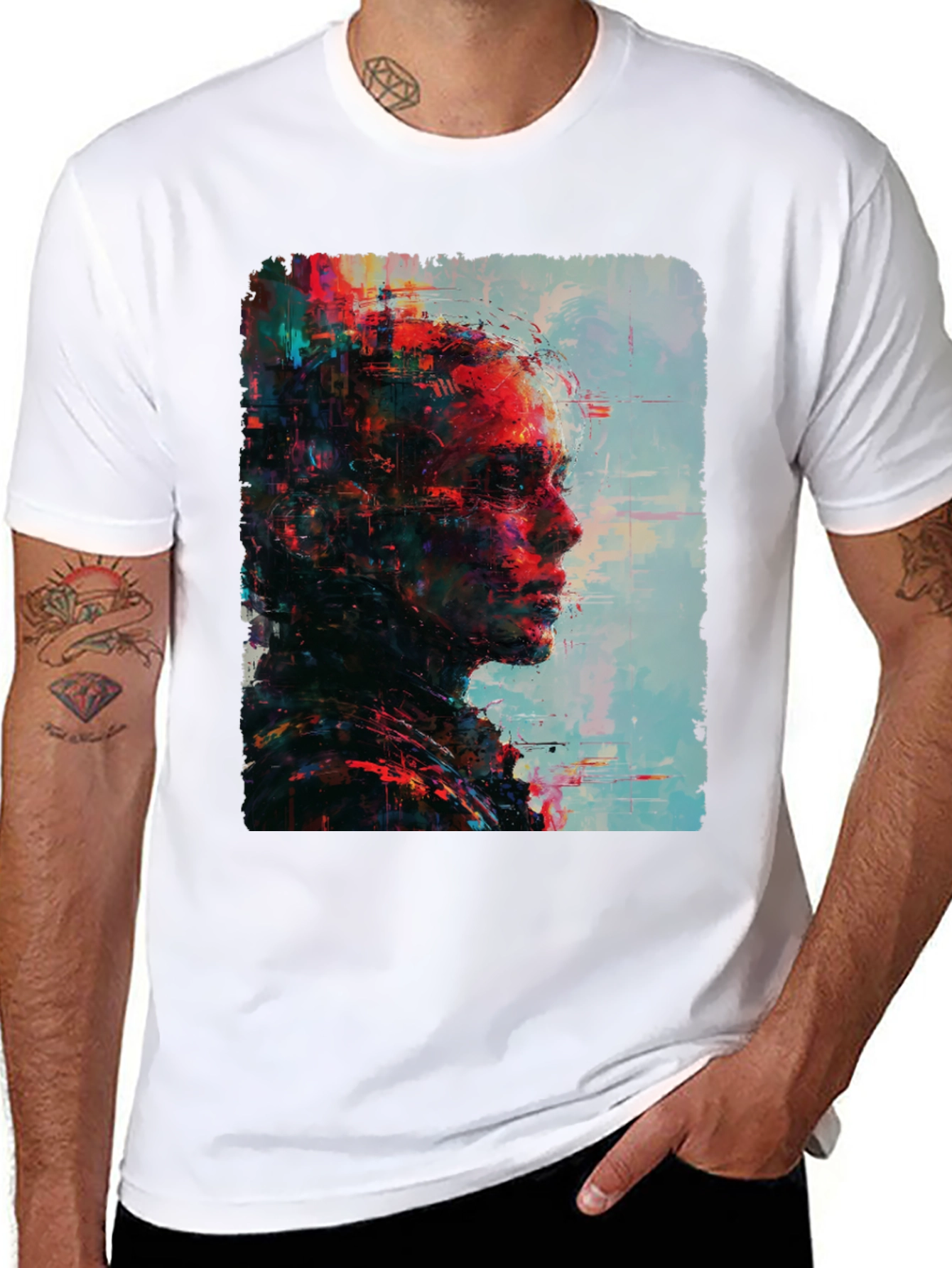 Abstract Portrait Graphic Print Mens Black T-Shirt