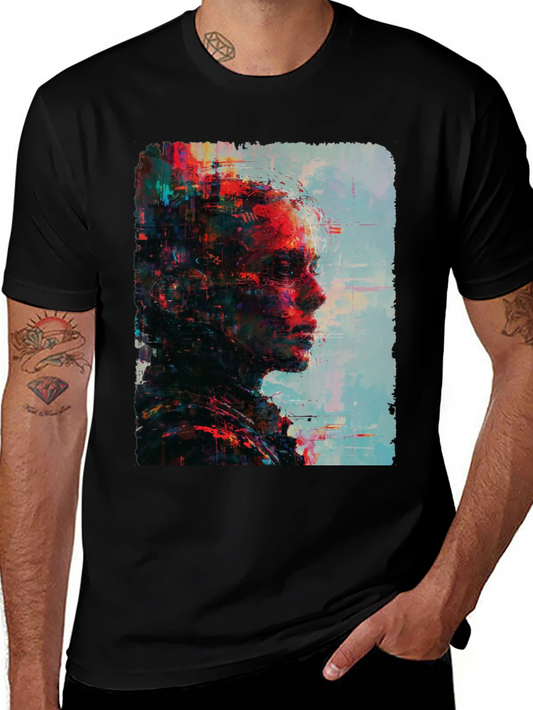 Abstract Portrait Graphic Print Mens Black T-Shirt