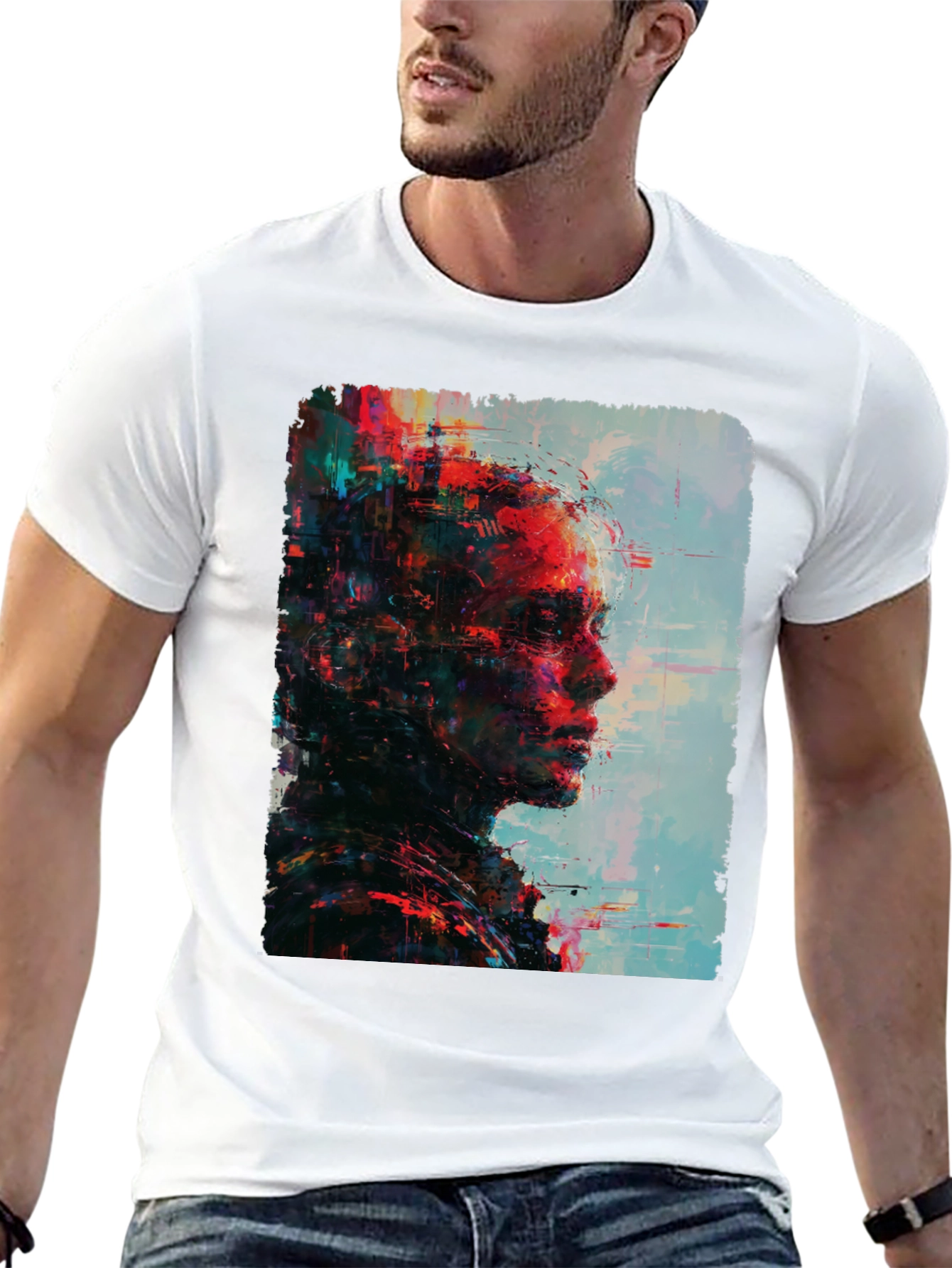 Abstract Portrait Graphic Print Mens Black T-Shirt