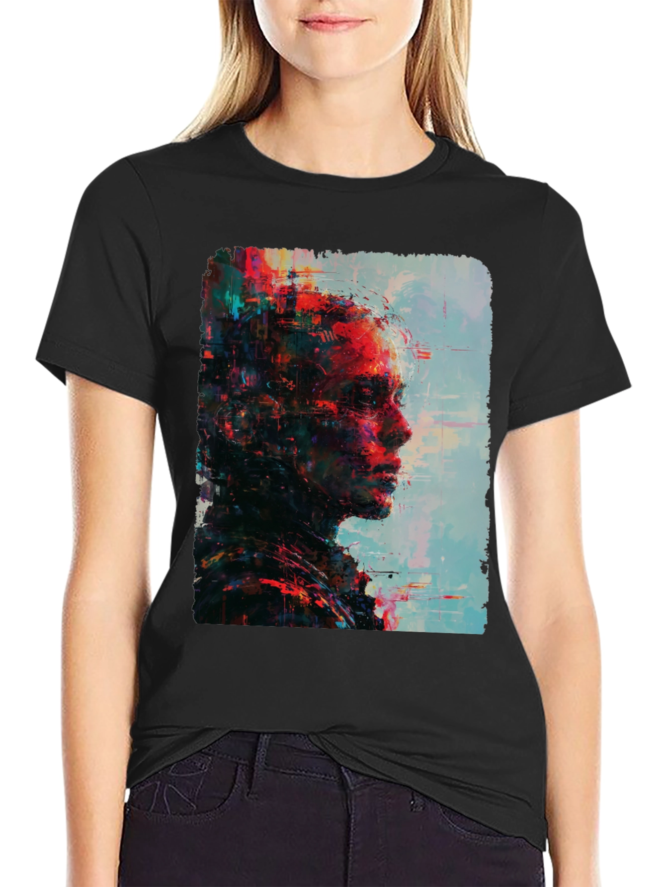 Abstract Portrait Graphic Print Mens Black T-Shirt